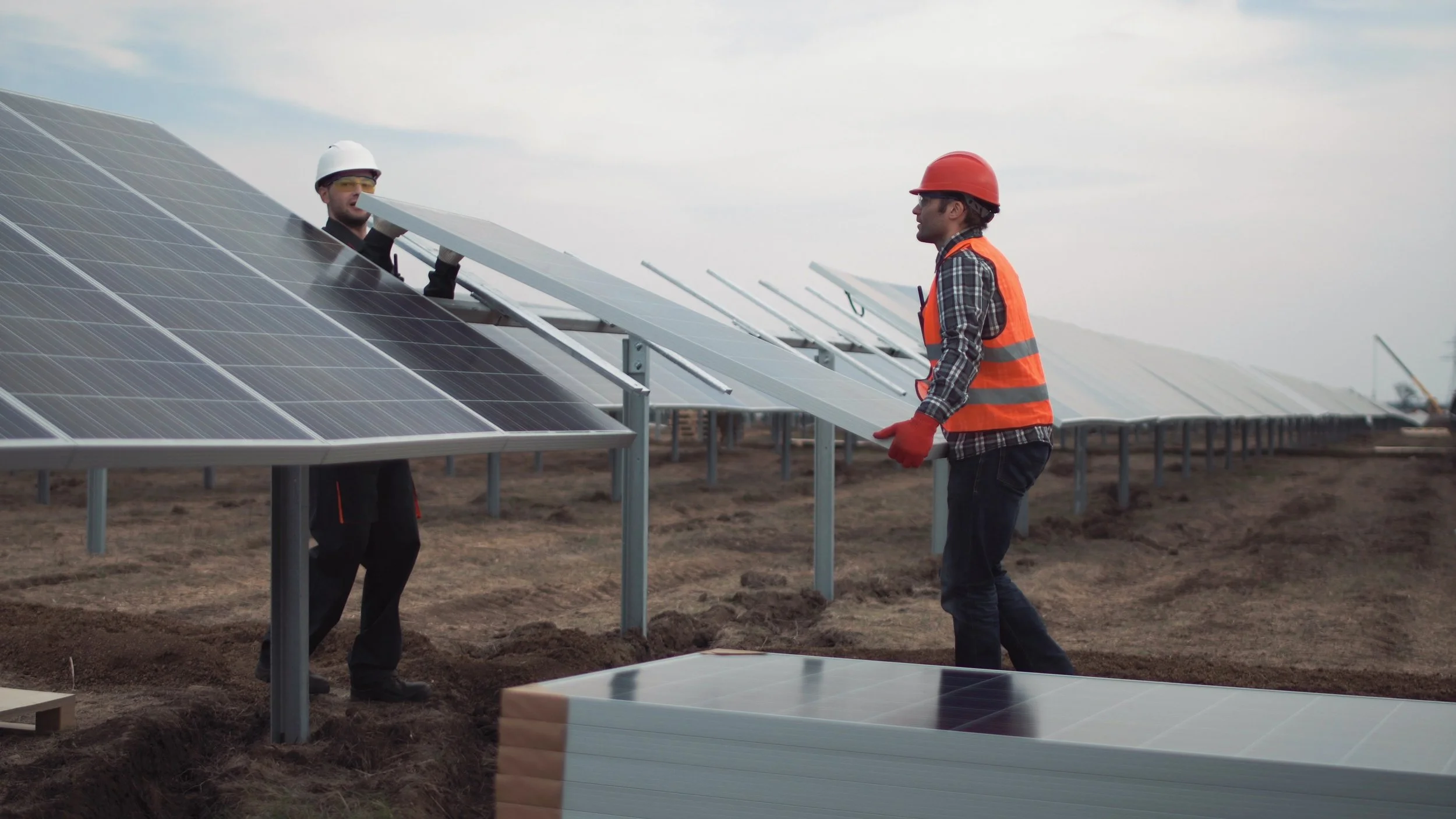 Two workers installing solar panels at a solar farm, one wearing a white hard hat and the other a red hard hat, both in safety vests and gloves.