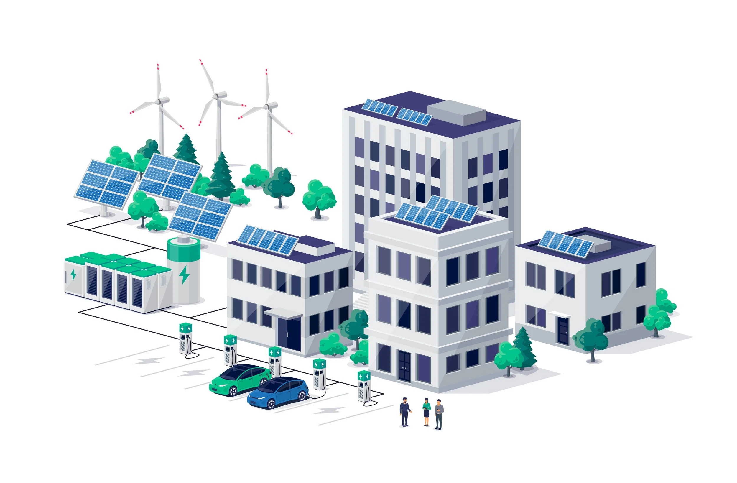 Illustration of a green energy building with solar panels, wind turbines, trees, electric vehicles at charging stations, and people standing outside.