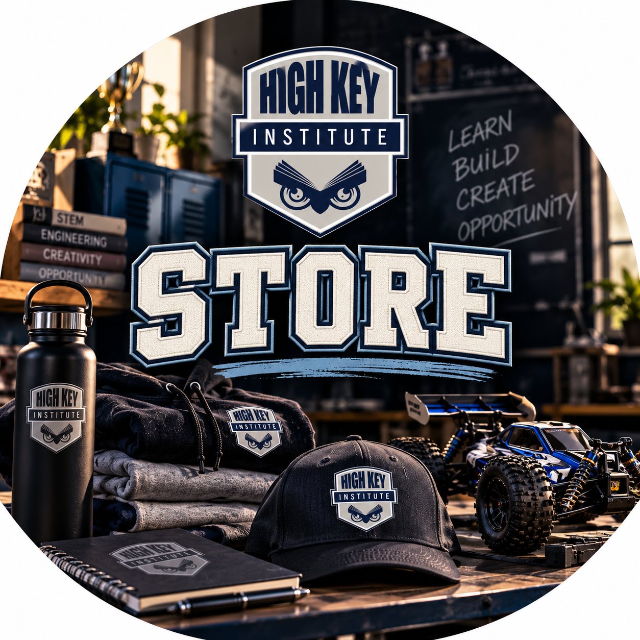 High Key Institute Store featuring branded apparel, hats, accessories, notebooks, and RC motorsports gear representing creativity, STEM, and the High Key learning culture.
