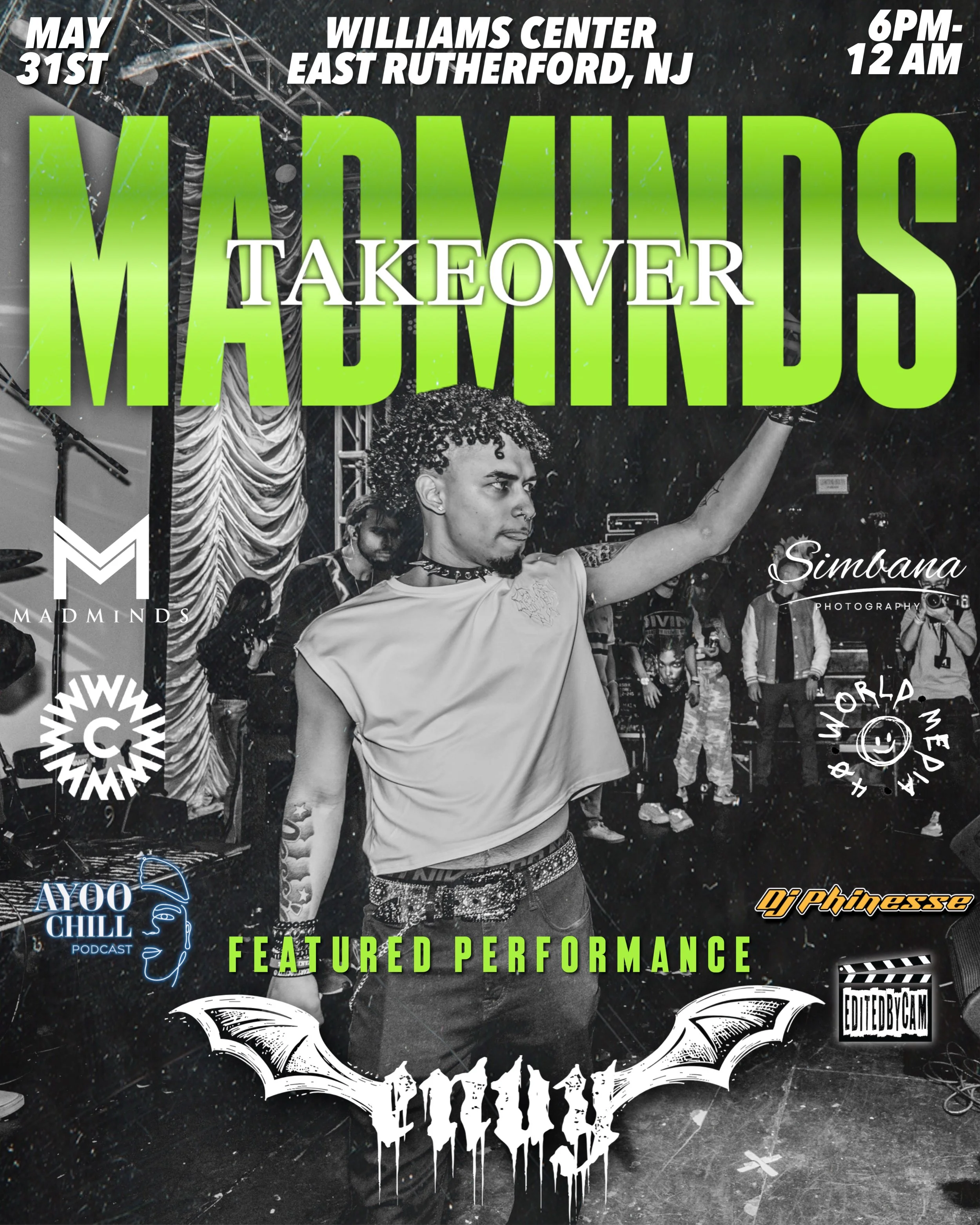 Envy, a crowd favorite, returns as a featured performer for the upcoming Madminds Takeover artist showcase and open mic May 31st at Williams Center in Rutherford New Jersey with his iconic emo punk hip hop style