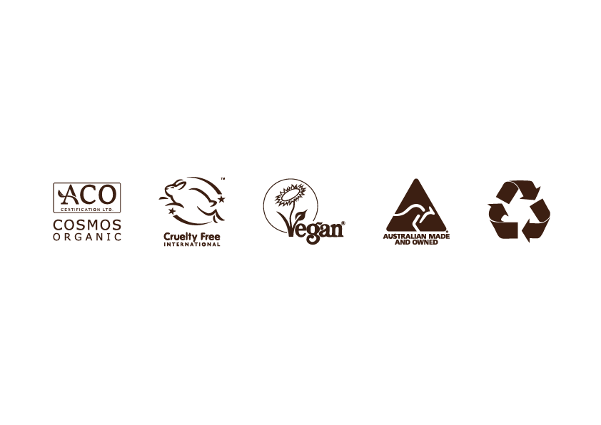 Row of certification, cruelty-free, vegan, Australian made, and recycling icons on a black background.