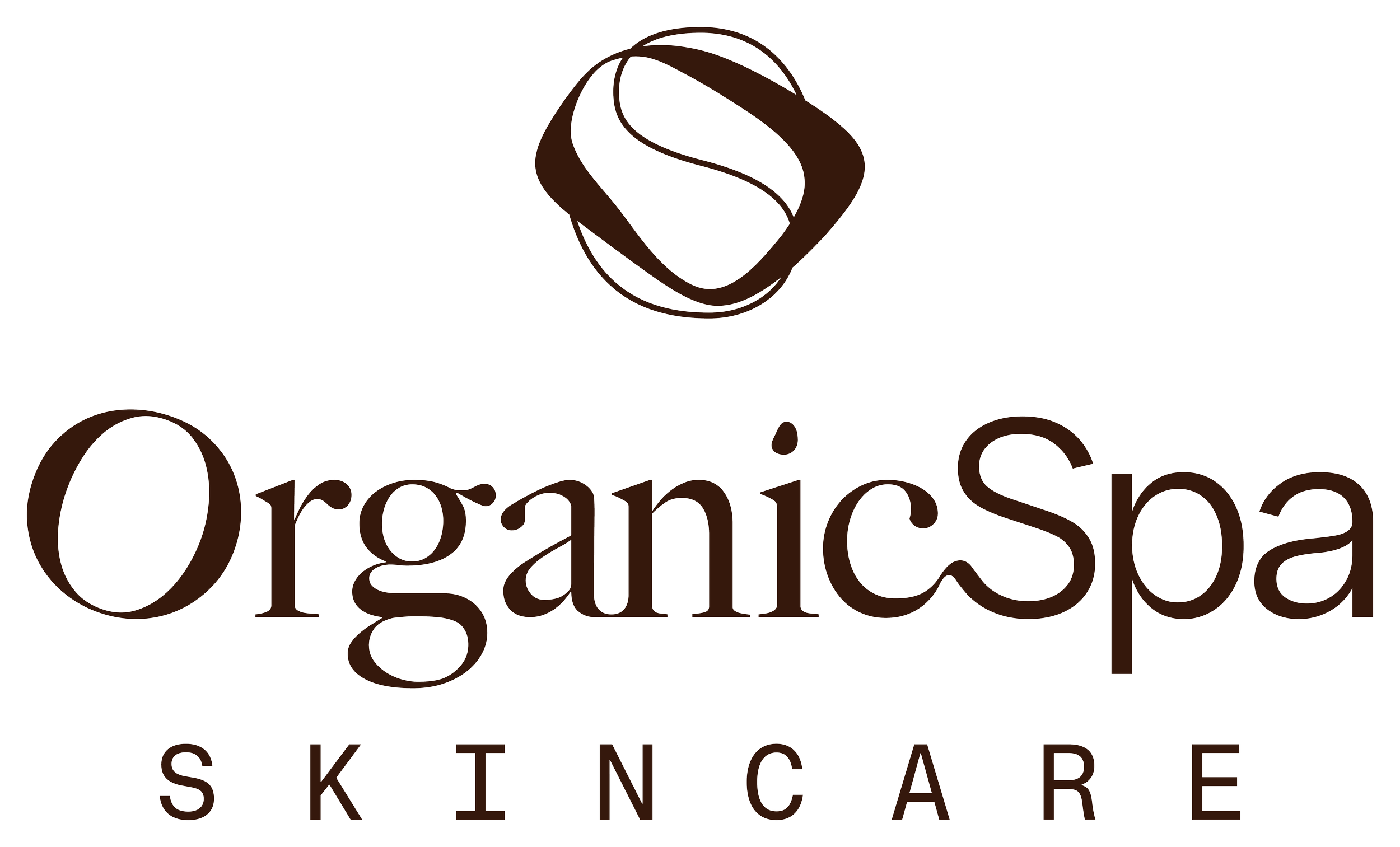 Logo of OrganicSpa skincare brand featuring a stylized leaf design above the text 'OrganicSpa' in brown, cursive font, with the word 'SKINCARE' underneath in uppercase letters.