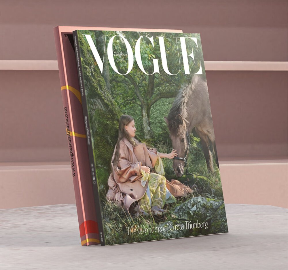 Vogue magazine cover featuring a young girl sitting on a rock in a forest, touching a gray horse's nose, with the title "The Wonders of Greta Thunberg" at the bottom.