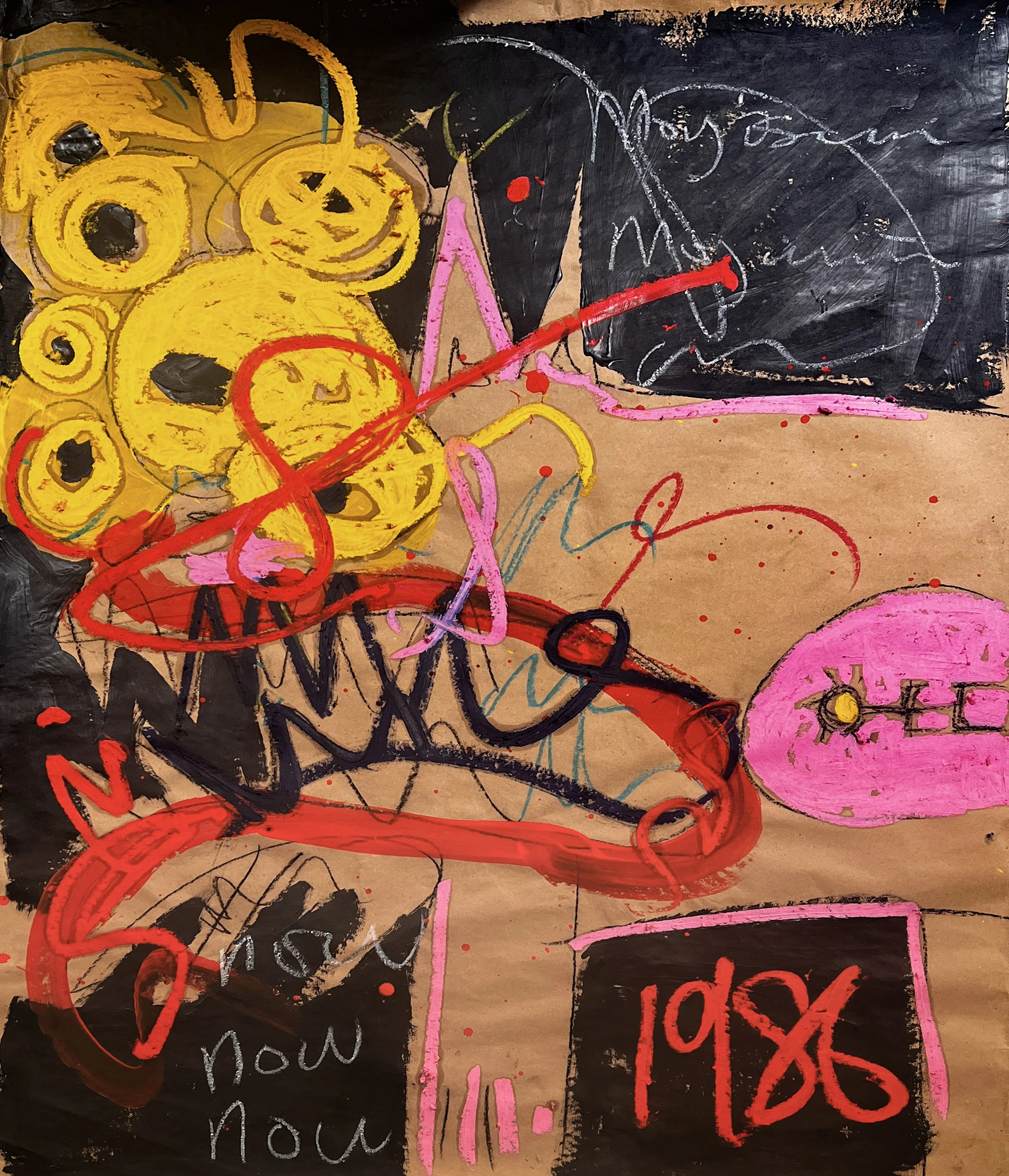 Abstract artwork with yellow circles resembling flowers or faces, pink, red, black, and blue scribbles, and handwritten words and numbers including "1988" and "now."