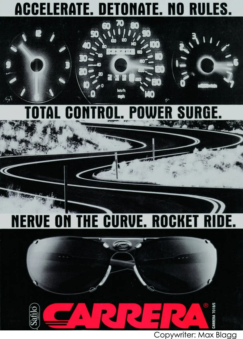 A vintage advertisement with a racetrack and car gauges, featuring the Carrara sunglasses brand. The ad emphasizes speed, control, and excitement with phrases like "Accelerate. Detonate. No Rules," "Total Control. Power Surge," and "Nerve on the Curve. Rocket Ride."