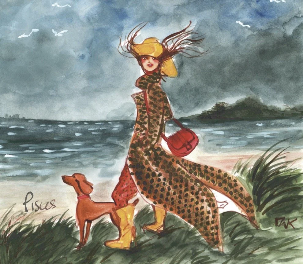 Pisces- astrological sign. Fashion Illustration by Izak Zenou for the new 2023 Year Ahead Calendar by Astrology Zone. Izak illustrates a diverse and fashion-forward characters for each month.