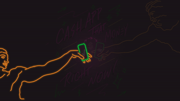 Neon illustration of a person holding a smartphone, with the phrase 'Cash App that money' and 'Right now' written in neon style.
