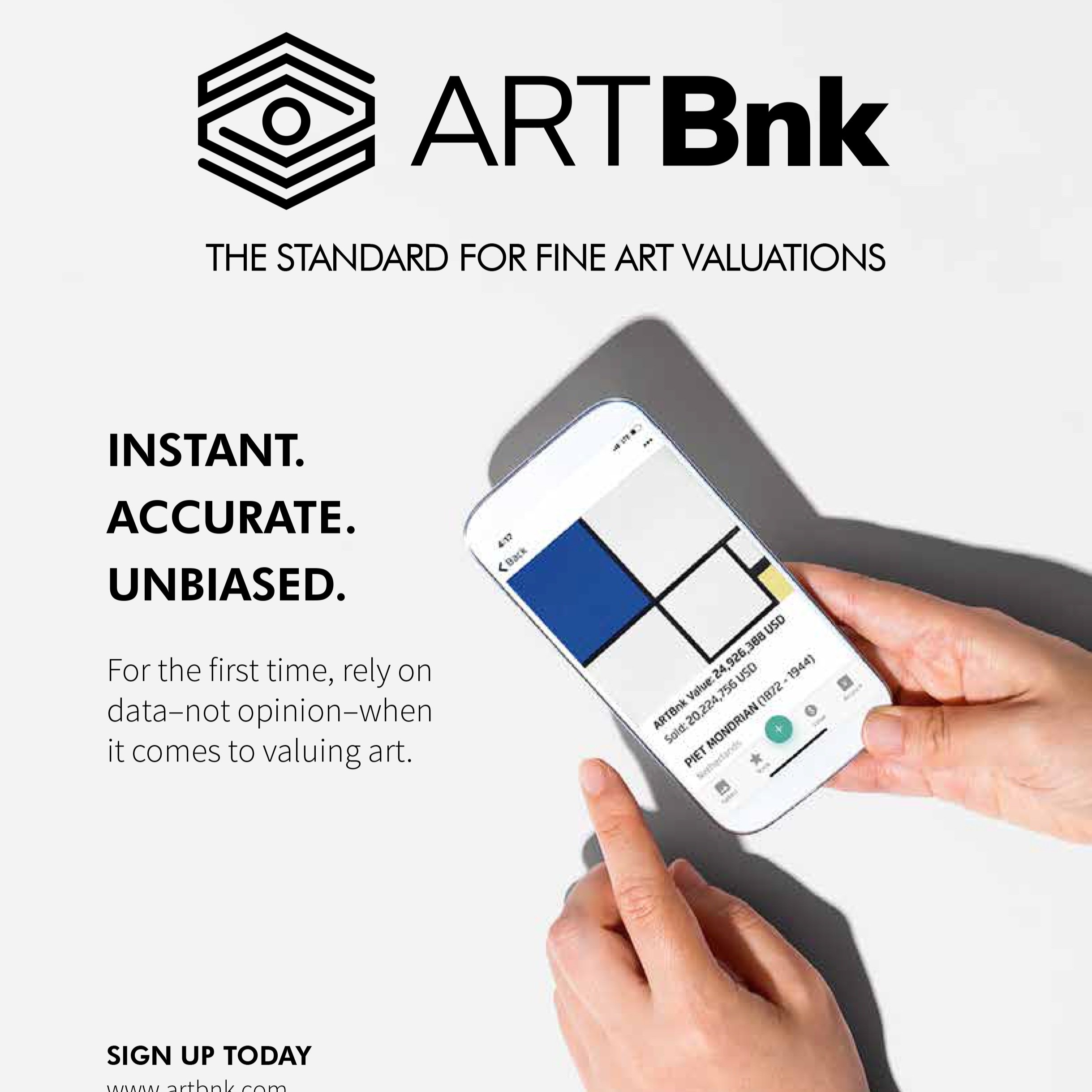 Advertisement for ART Bnk, a fine art valuation service, showing a hand holding a smartphone with an app displaying a digital art valuation and a logo for ART Bnk at the top.