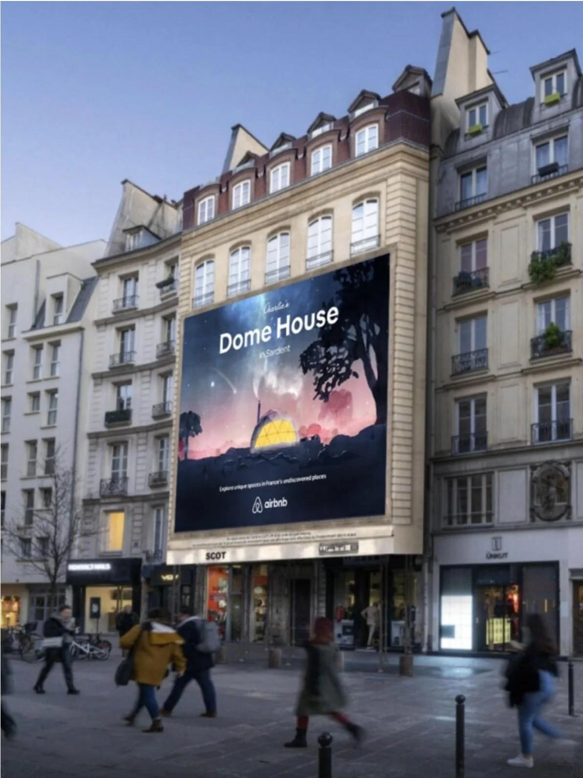Large outdoor advertisement on a building for Dome House, featuring a sunset scene with a geodesic dome, trees, and a starry sky, with pedestrians walking on the street below.
