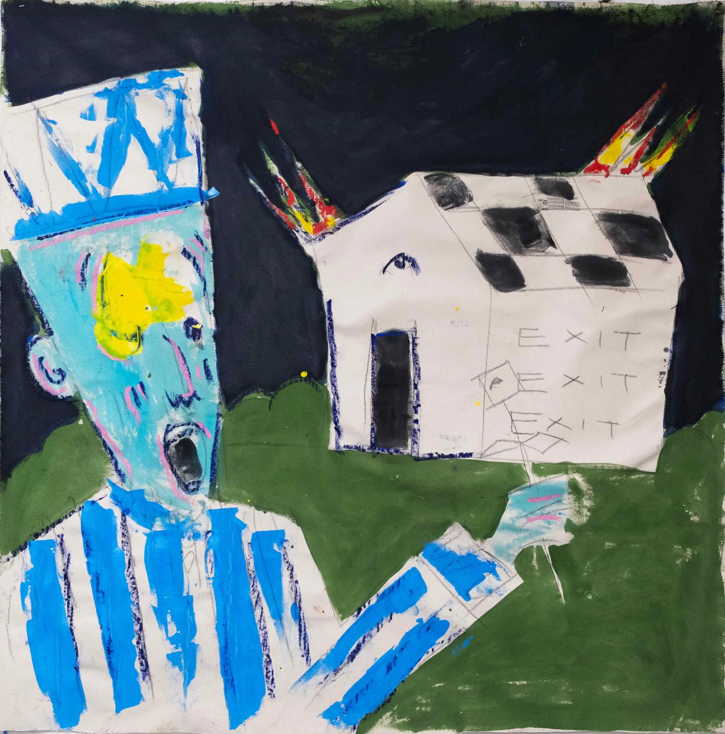 A colorful abstract painting featuring a screaming figure with yellow and blue face paint, holding a phone, with a house in the background and what appears to be strange flames or lightning coming from its roof. The background is dark, and there are green and blue details throughout.