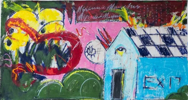 Abstract colorful painting featuring a yellow sun, a red caterpillar with black stripes, green trees, and a blue house with the word 'EXIT' on it.