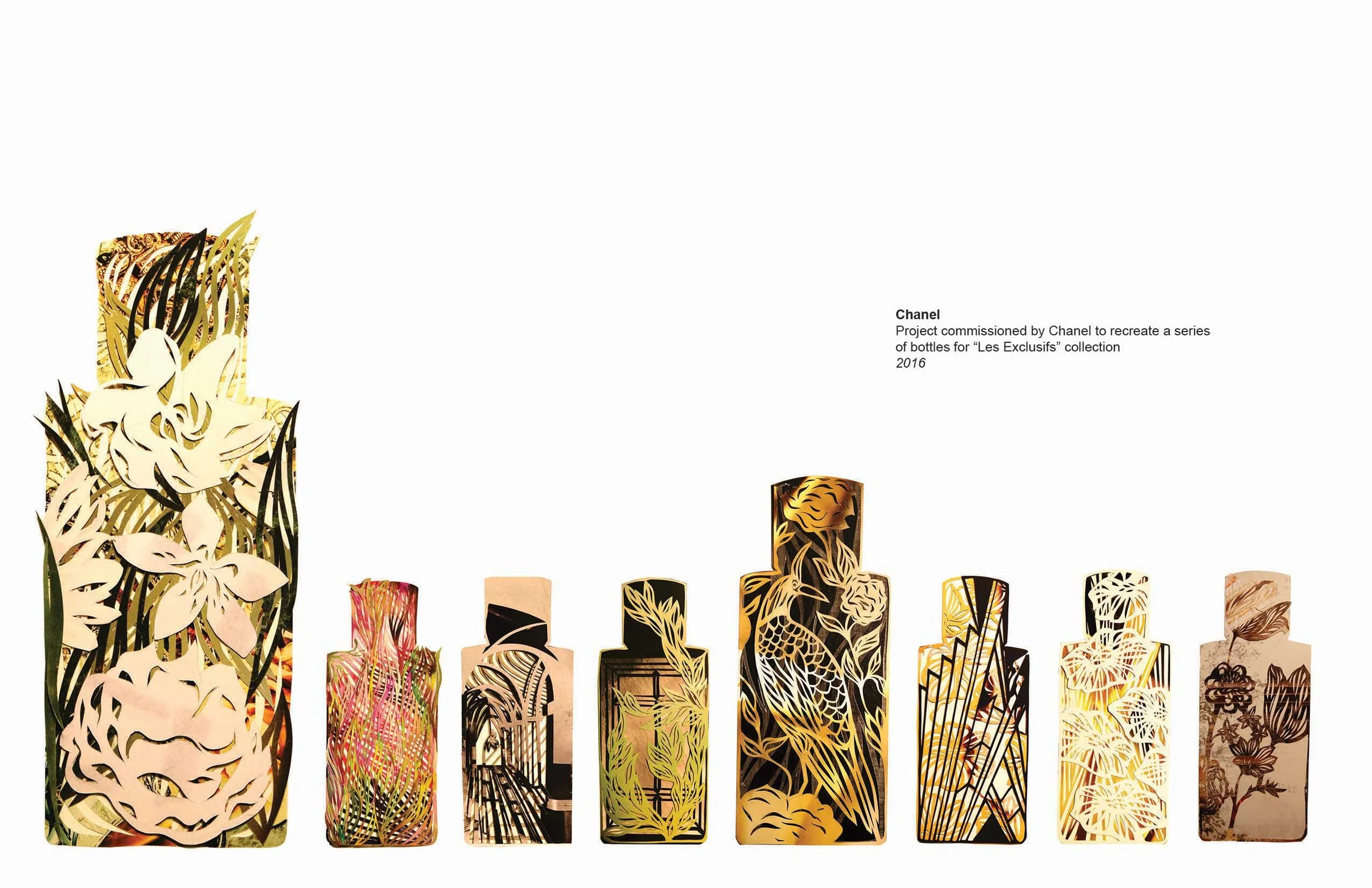 Italian born New York City-based artist Marco Gallotta uses layers of paper, photographs, and mixed media to create unique compositions, just as he did to create a series of bottles for Chanel.