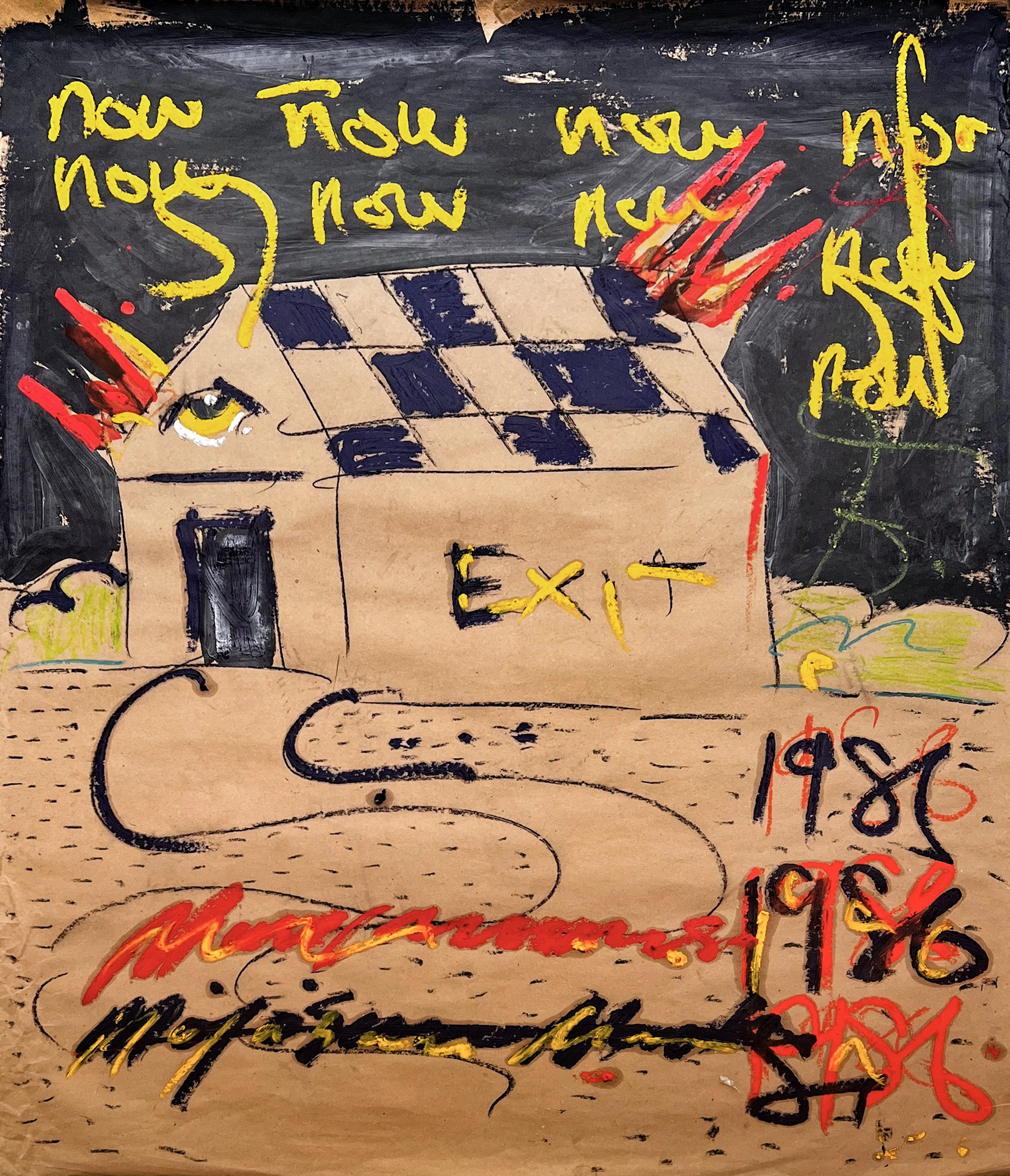 A drawing of a house with a checkered roof, surrounded by scribbles and text in yellow, red, black, and blue, including the words 'NOW,' 'EXIT,' and years 1986 and 1984.