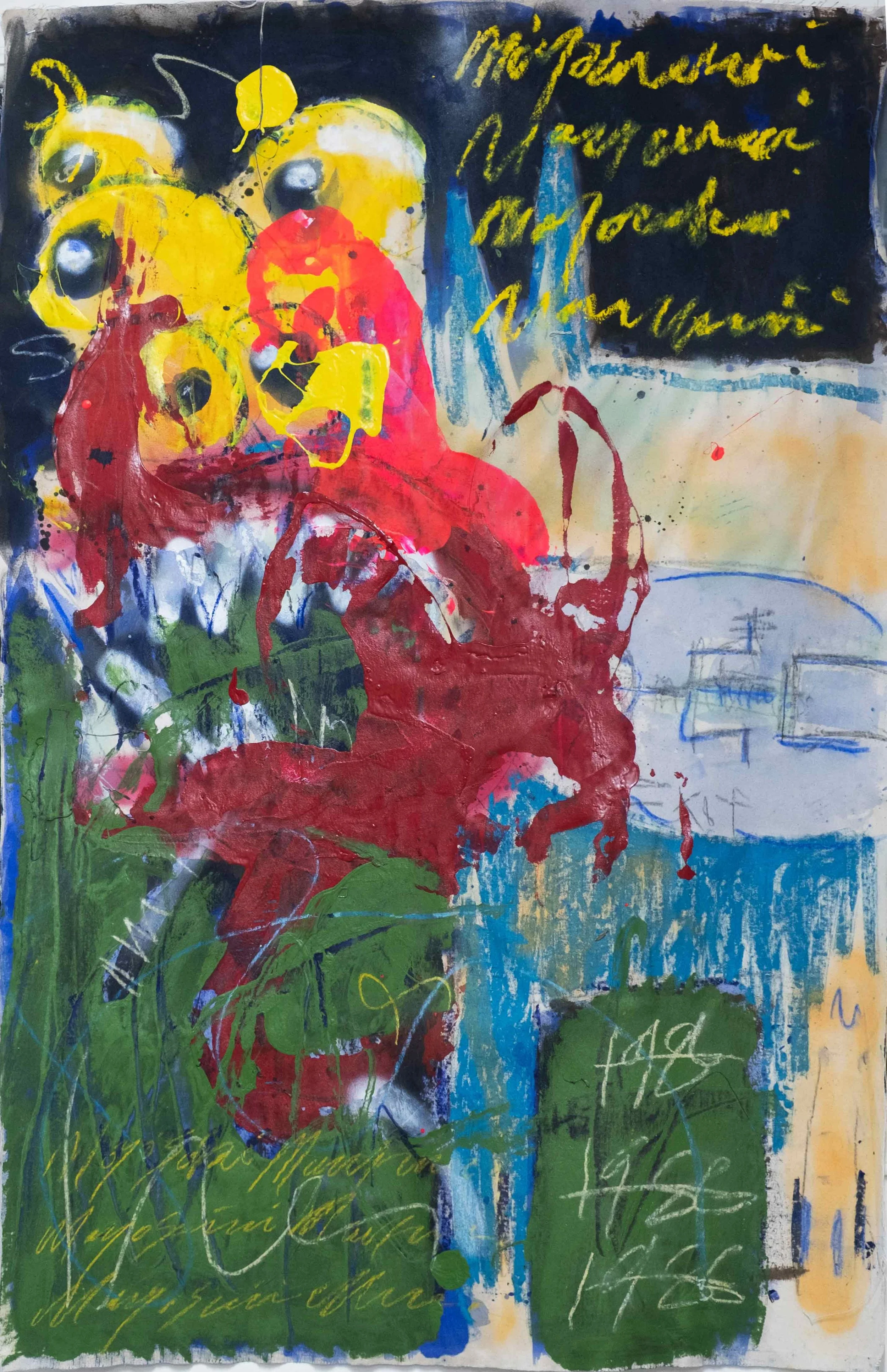 Abstract mixed media artwork featuring a red lobster, yellow, black, and blue shapes, green sections with yellow and white scribbles, and handwritten yellow text on a dark background.