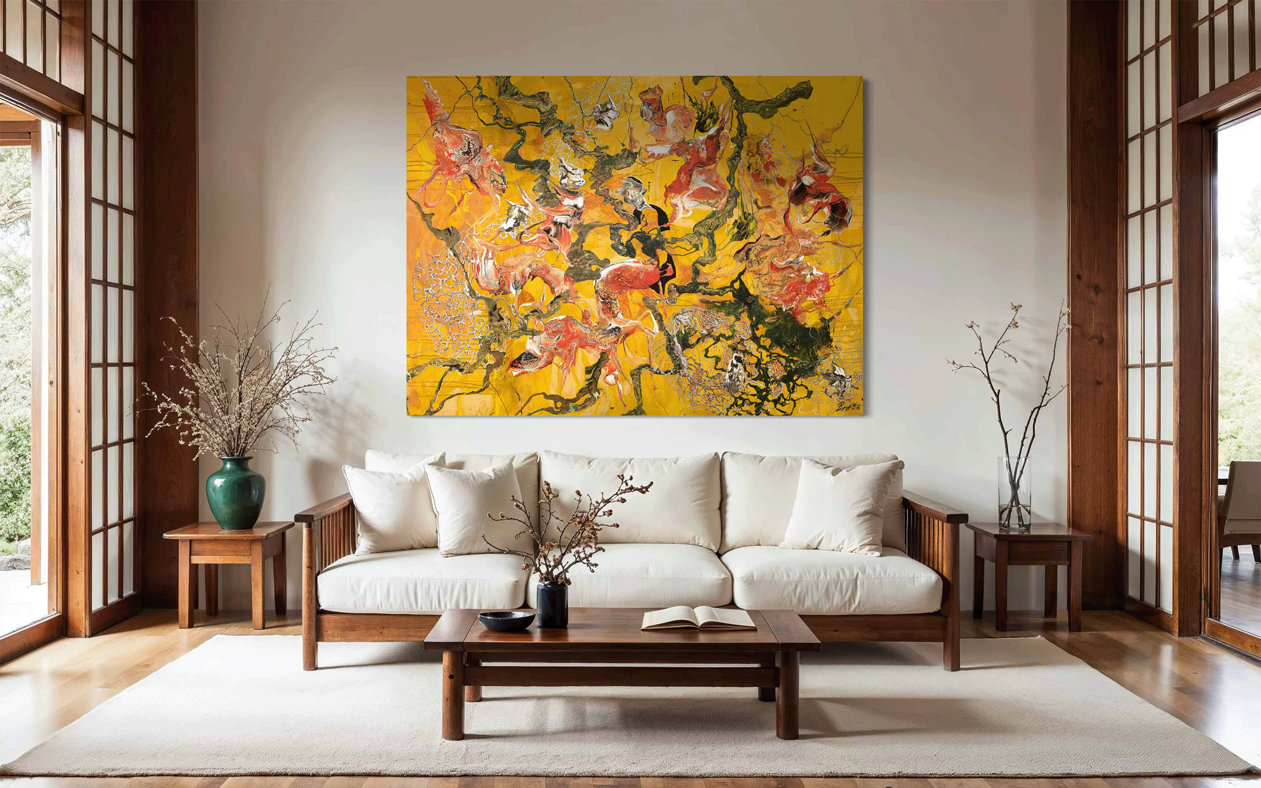 Female Abstract Contemporary Artist Britt Boutros-Ghali creates beautiful mindscapes in vibrant colors. this work is predominantly yellow and the work is featured in. Japanese style living space.