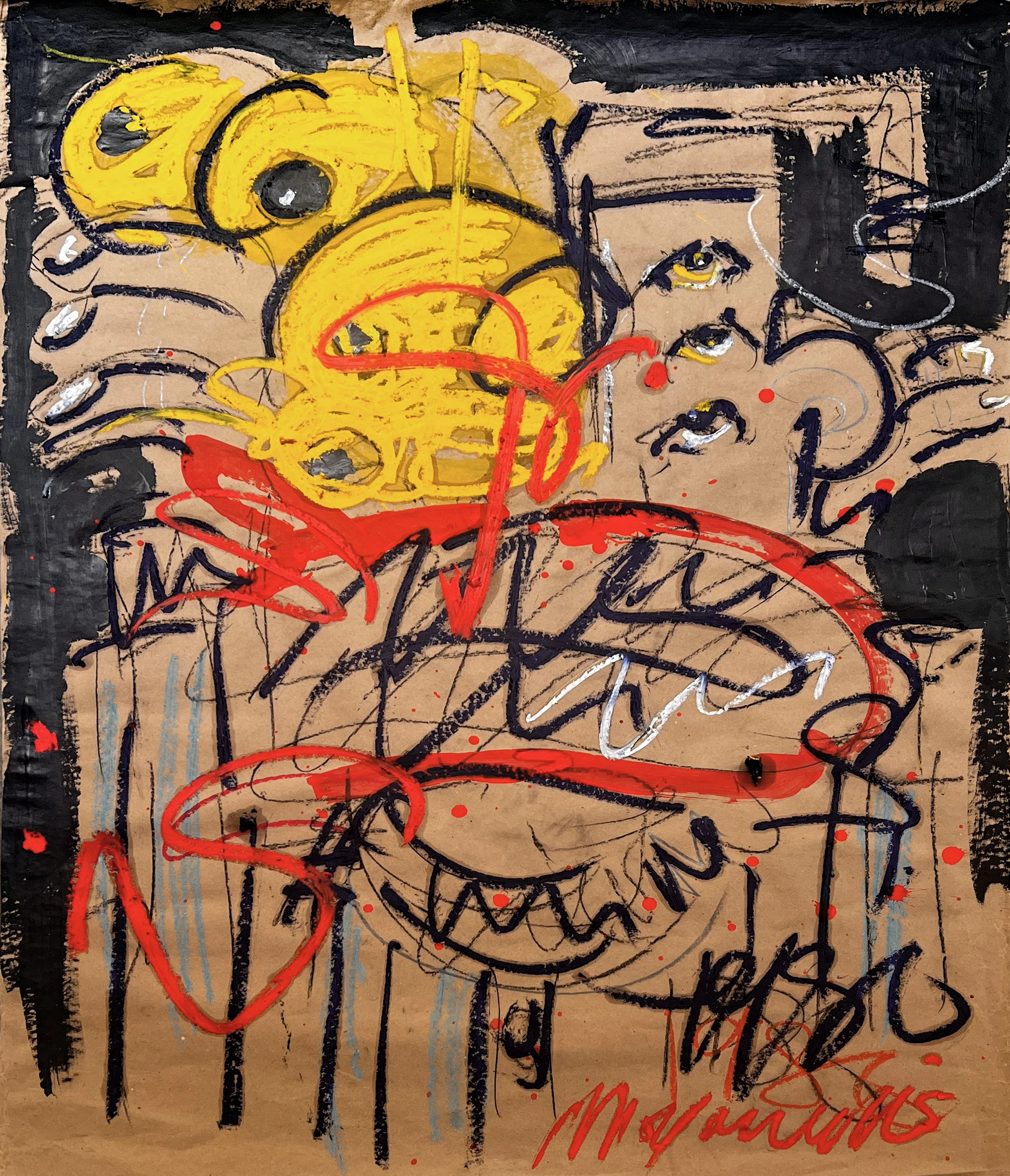 Abstract artwork featuring a distorted face with exaggerated features, bold black outlines, red, yellow, and white paint splatters, and scribbled text, on a brown background.