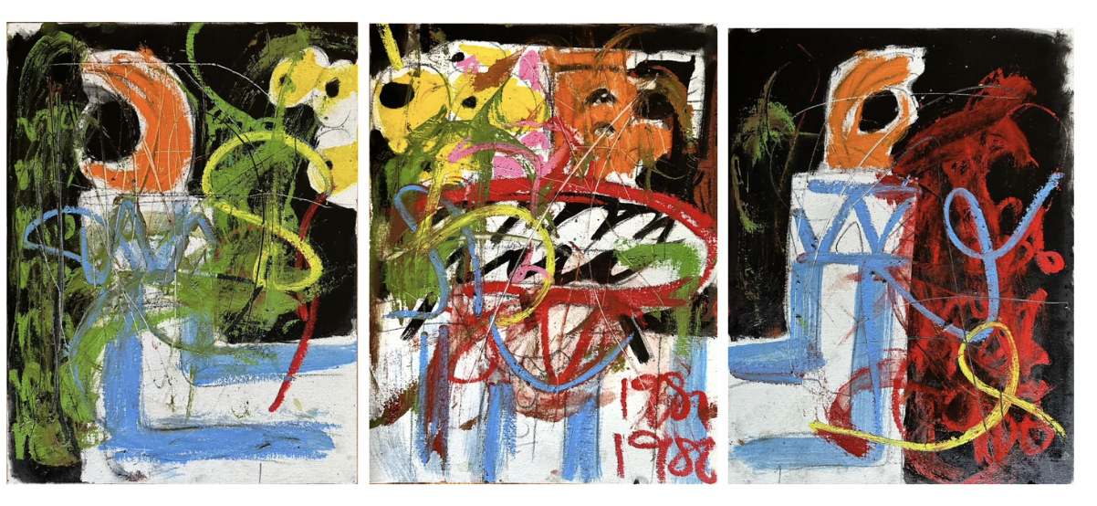 Triptych abstract painting with vibrant colors, featuring flowers and initials 'F500 1980' in red.