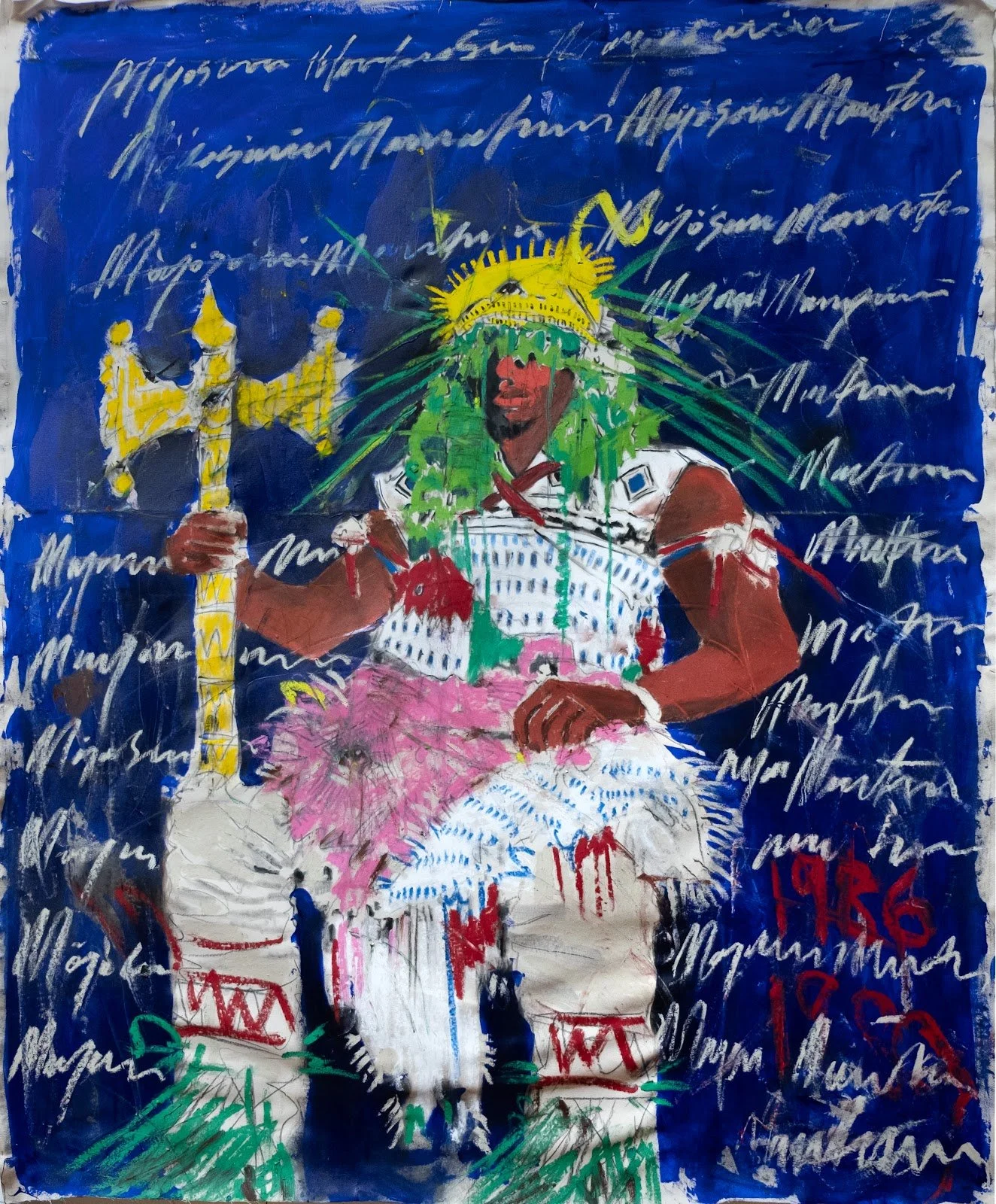 A colorful abstract painting of a person with dark skin, green hair, wearing a yellow crown, holding a yellow scepter, dressed in patterned clothing, seated on a white animal, with scribbled white text and a dark blue background.