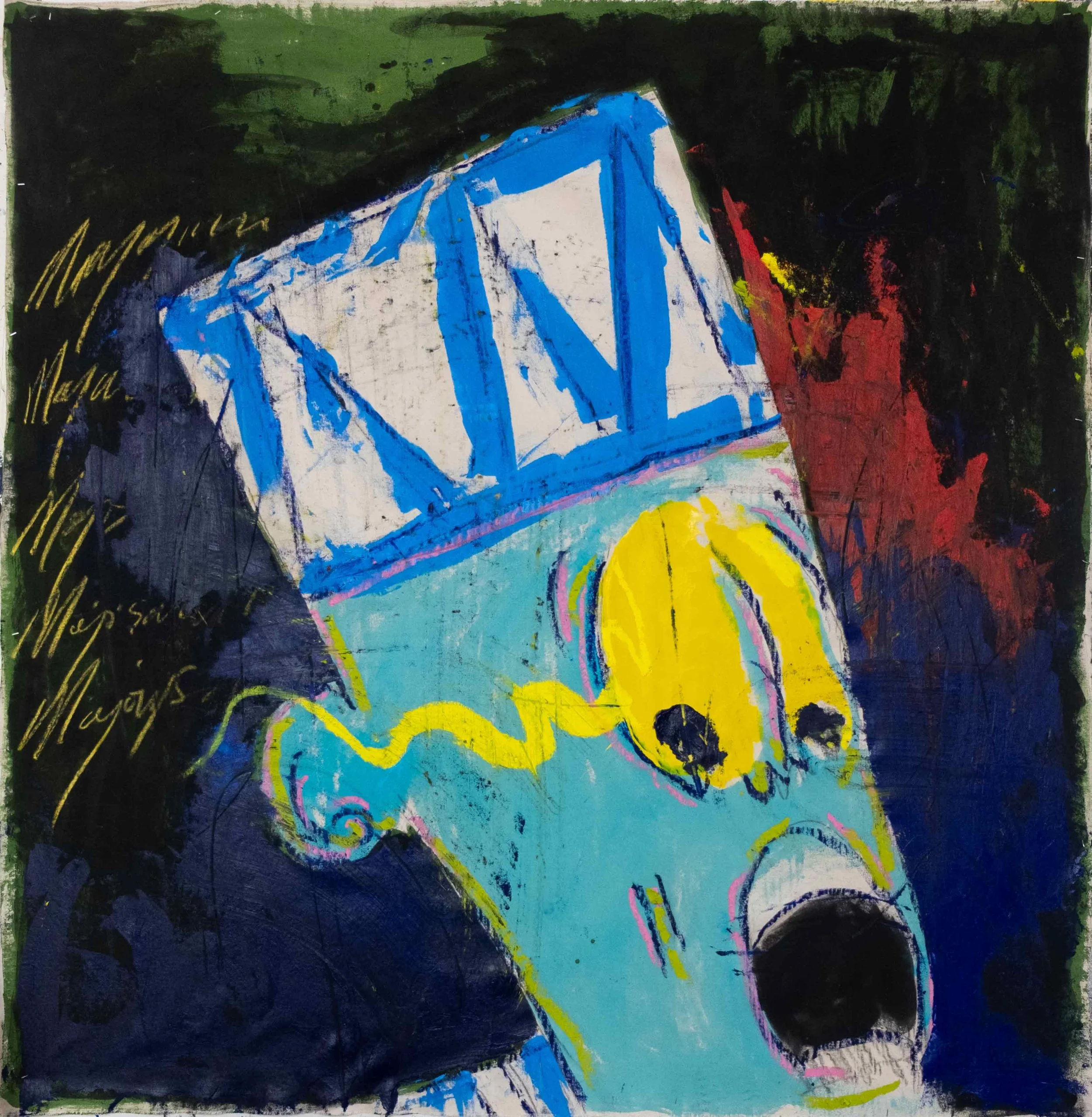 Abstract painting with a colorful face, featuring a yellow nose and open mouth, set against dark and vibrant backgrounds with some yellow scribbles on its left side.