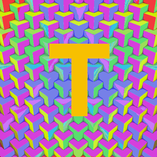 Colorful 3D pattern of interlocking cubes with a large yellow T in the center.