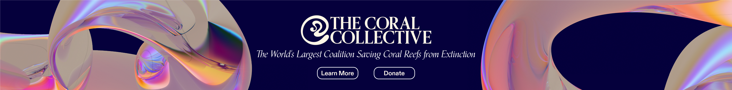 Banner for The Coral Collective with a dark background and colorful abstract waves, featuring the organization's name and slogan, with 'Learn More' and 'Donate' buttons.