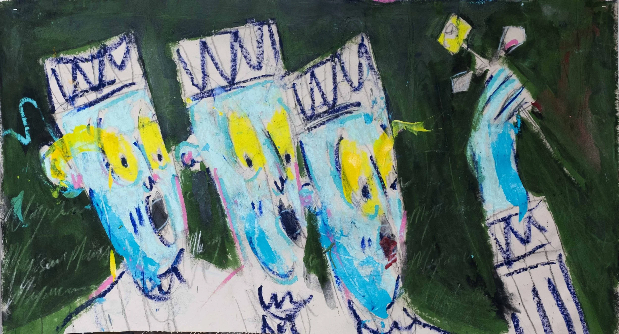 Abstract painting with three figures holding signs against a dark green background, with yellow, blue, and pink accents.