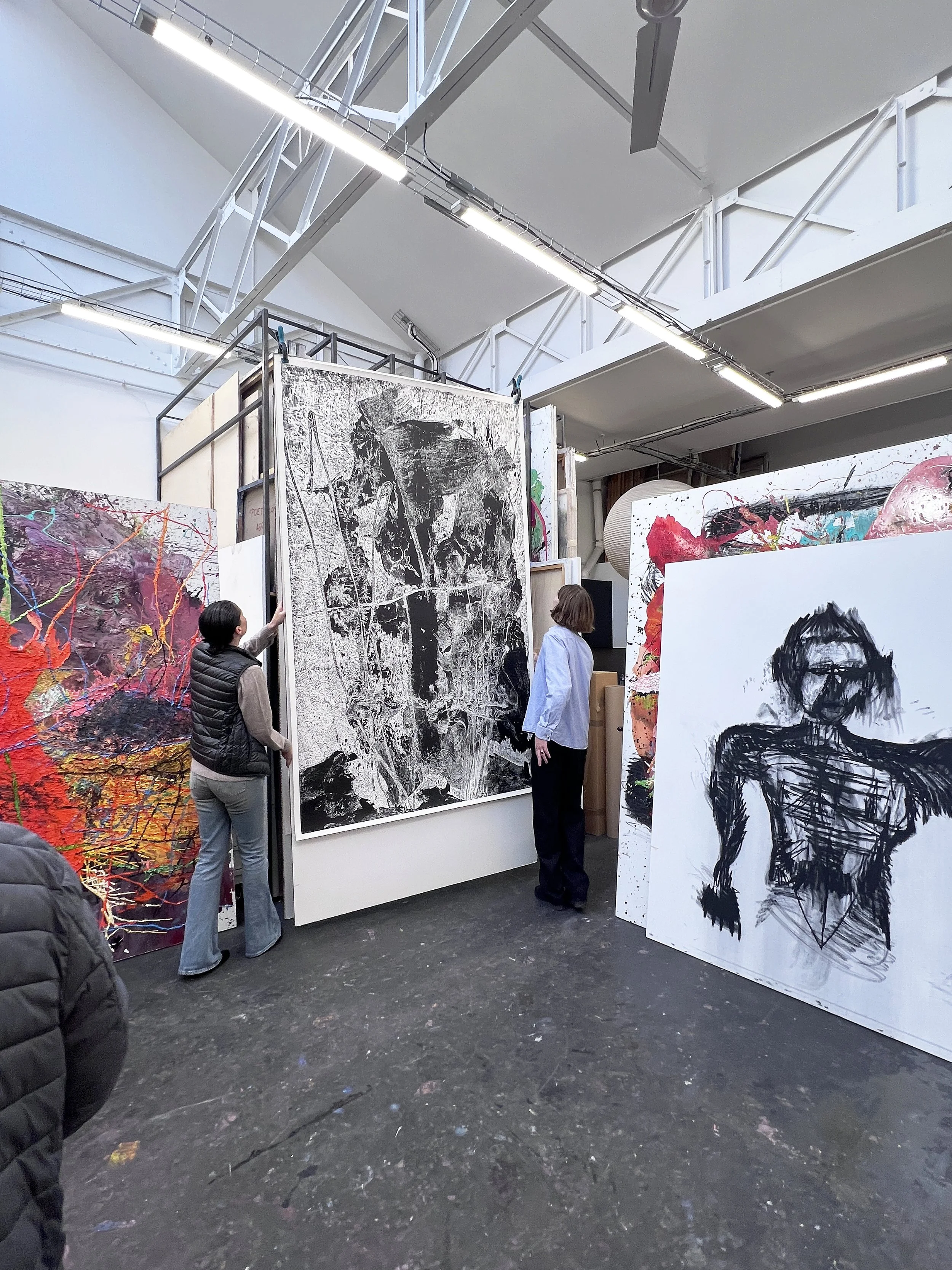 Olympe Racana Weiler lives in Paris and with her studio just outside of Paris in Montrueil. As a leading Contemporary female Artist she works with oil paint and mixed media, has a dedicated print practice, as well as creates sculpture.