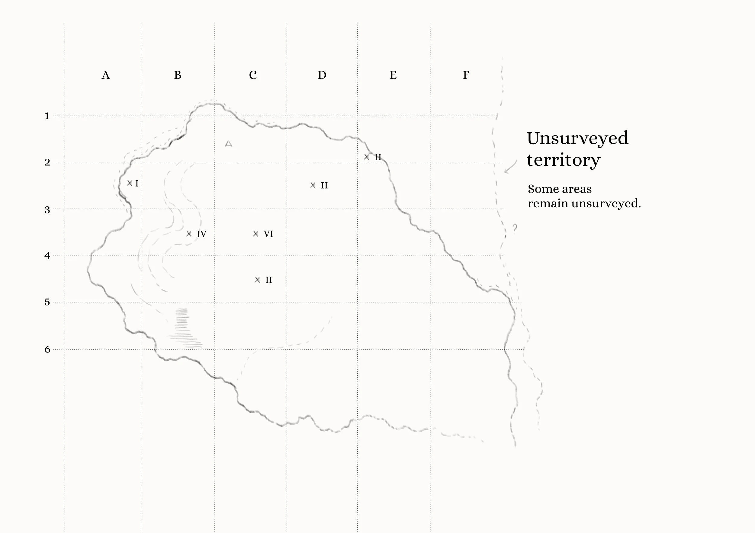 Map from An Unfinished Atlas of Imagined Places by Jasper van den Ham, divided into fictional quadrants with surveyed locations and unsurveyed territory.