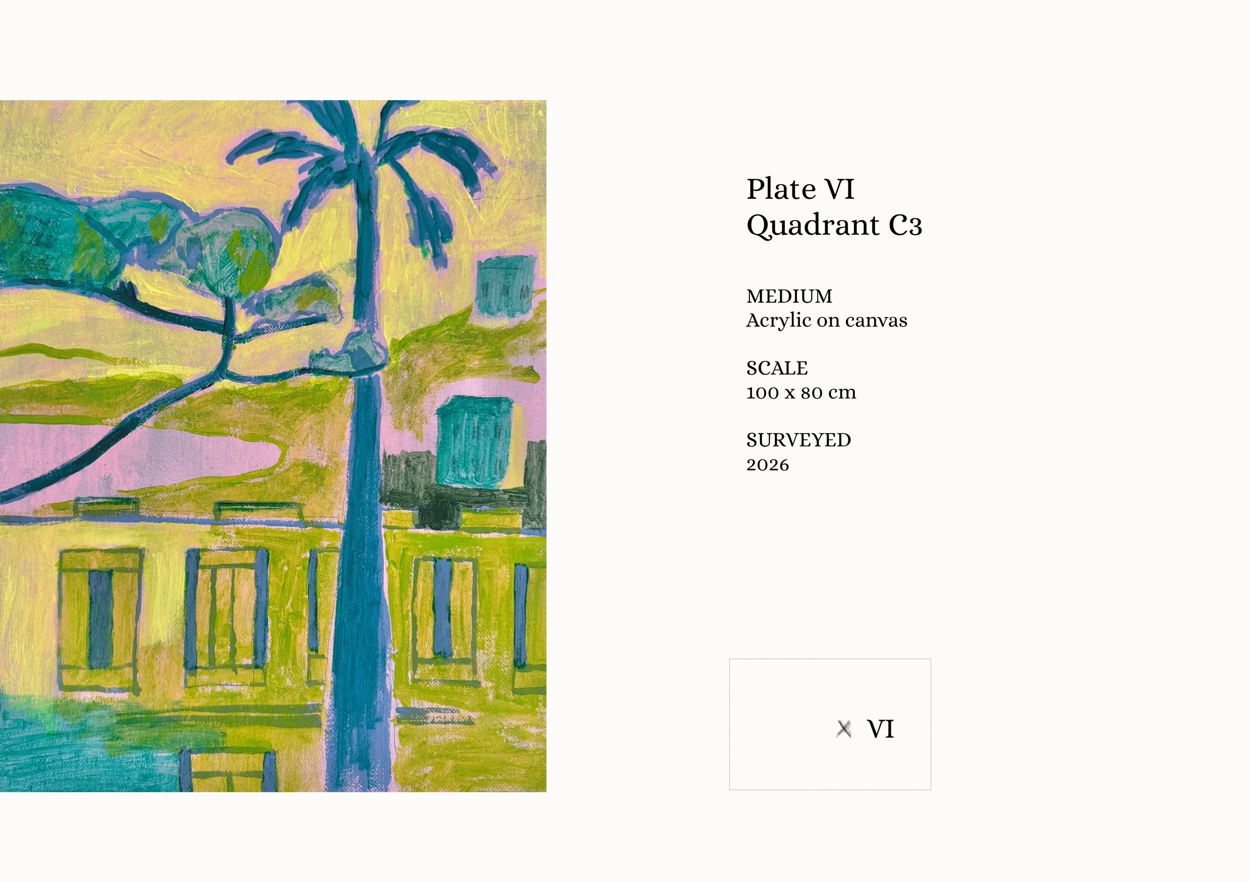 Plate VI, Quadrant C3 from An Unfinished Atlas of Imagined Places by Jasper van den Ham, showing a palm tree and architectural landscape with its location within the fictional atlas.