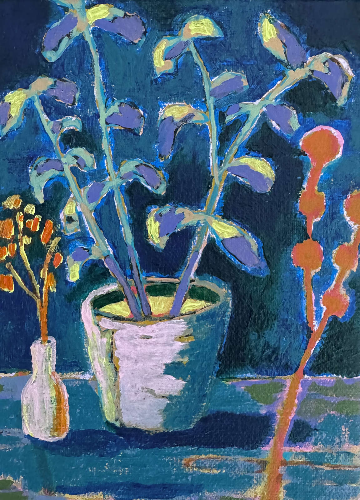  Potted Plant And Bottle  
Acrylic on canvas 
18 x 13 cm 
 €500,- 