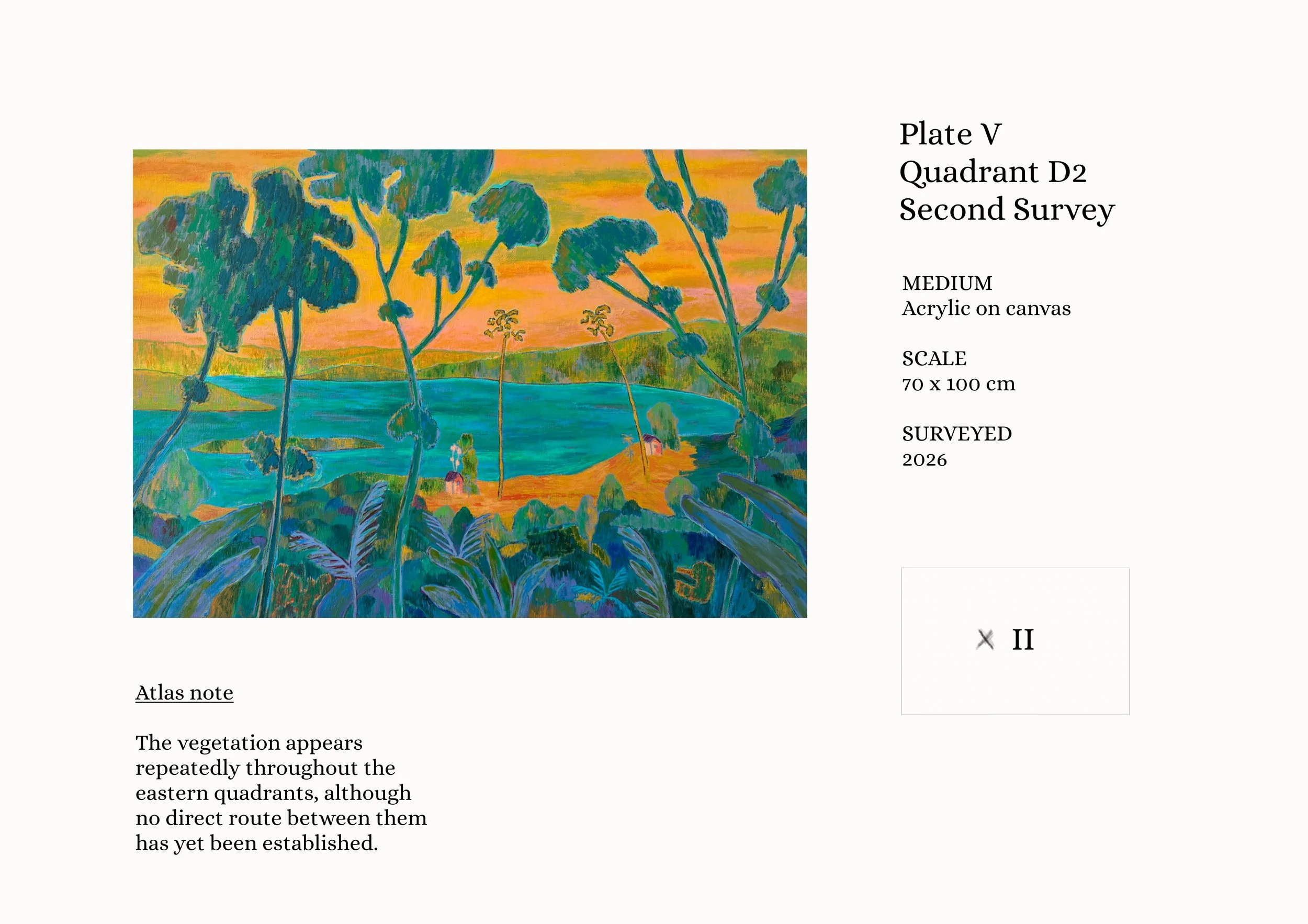 Plate V, Quadrant D2, Second Survey from An Unfinished Atlas of Imagined Places by Jasper van den Ham, showing a lake surrounded by trees and recurring vegetation within the fictional atlas.