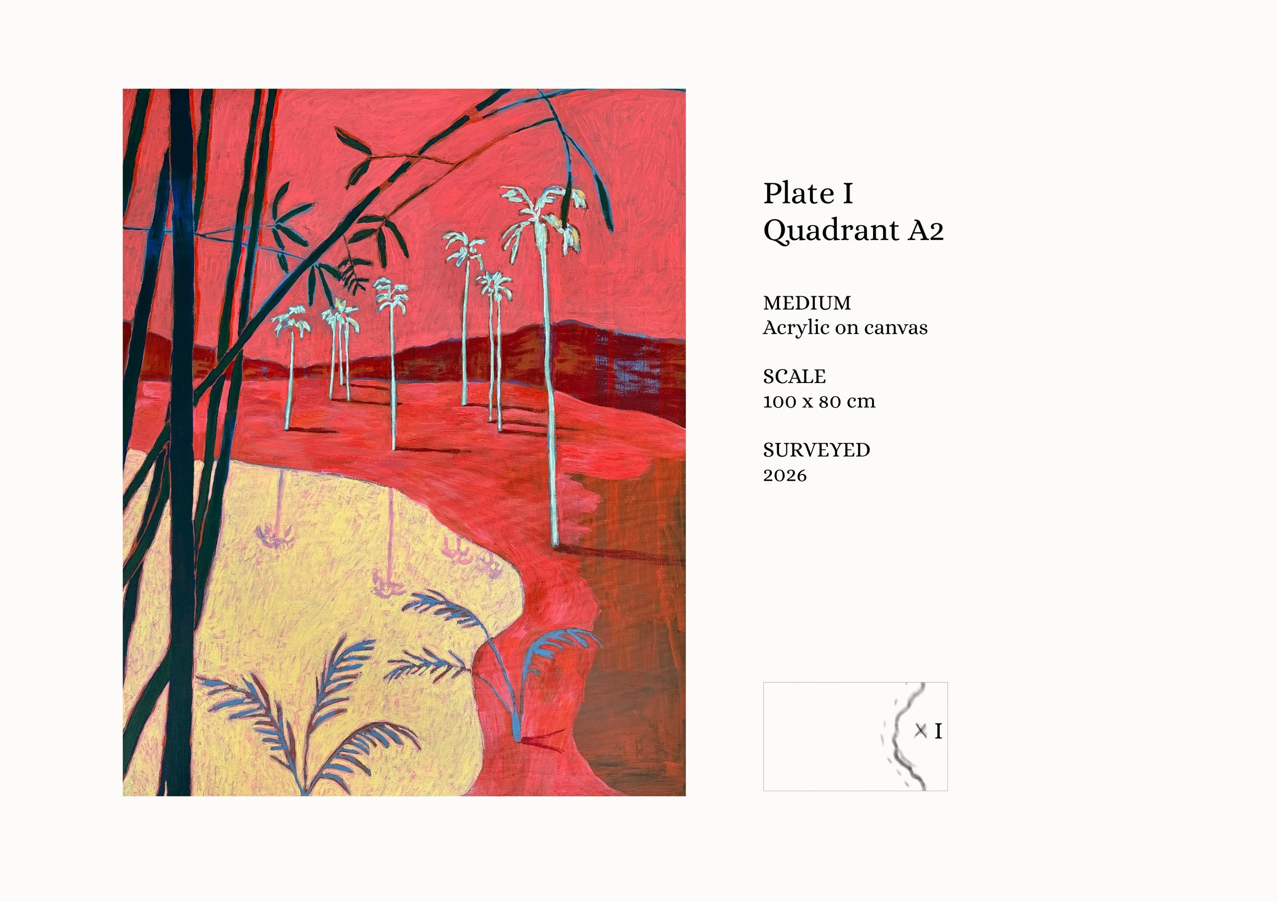 Plate I, Quadrant A2 from An Unfinished Atlas of Imagined Places by Jasper van den Ham, showing a red imagined landscape with palm trees and its location within the fictional atlas.