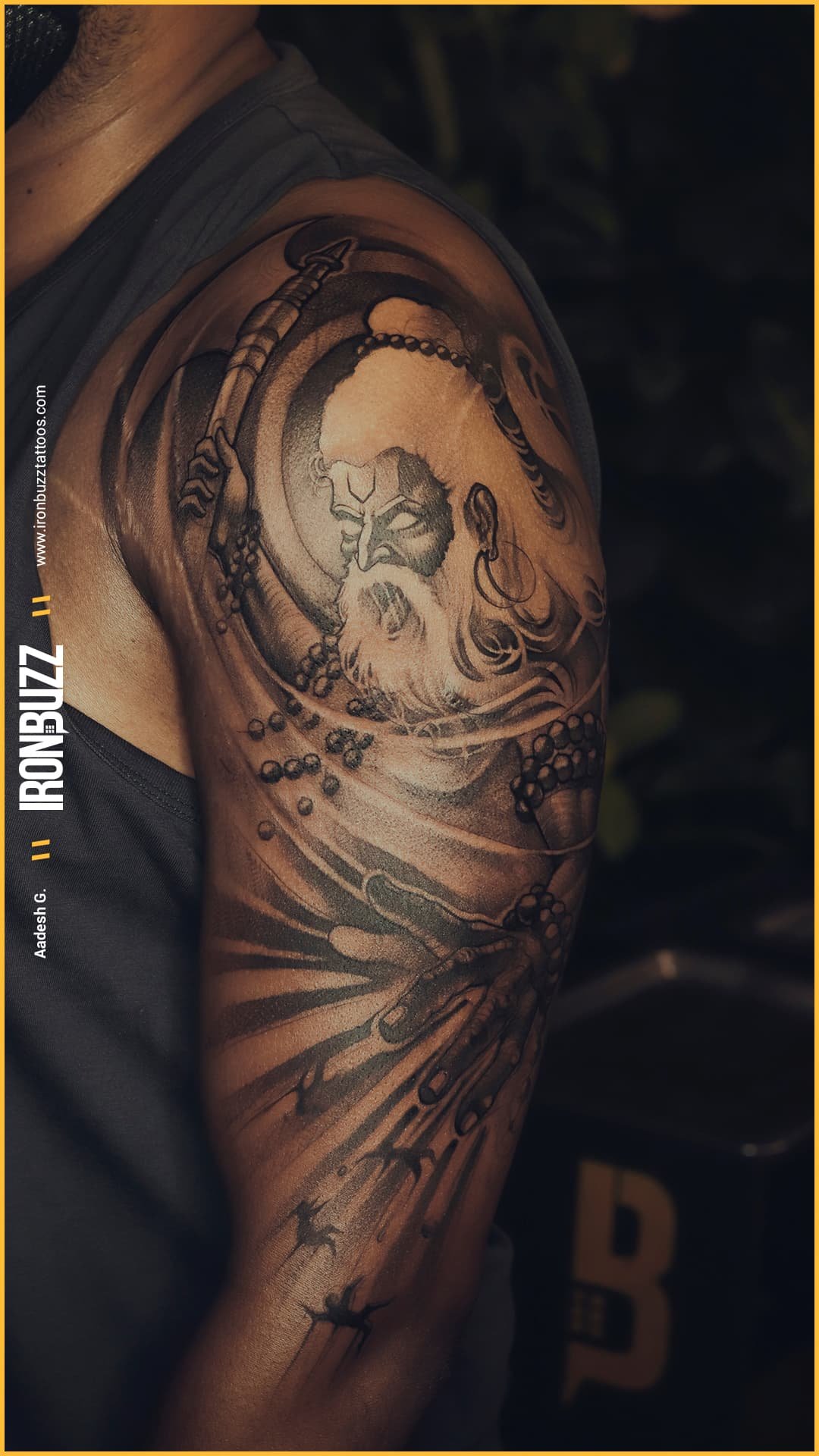 Detailed medium size pashuram hindu mythology axe religious tattoos upper arm bicep shoulder black and grey tattoo tattoo ideas female male tattoo studio artist near me iron buzz tattoos mumbai