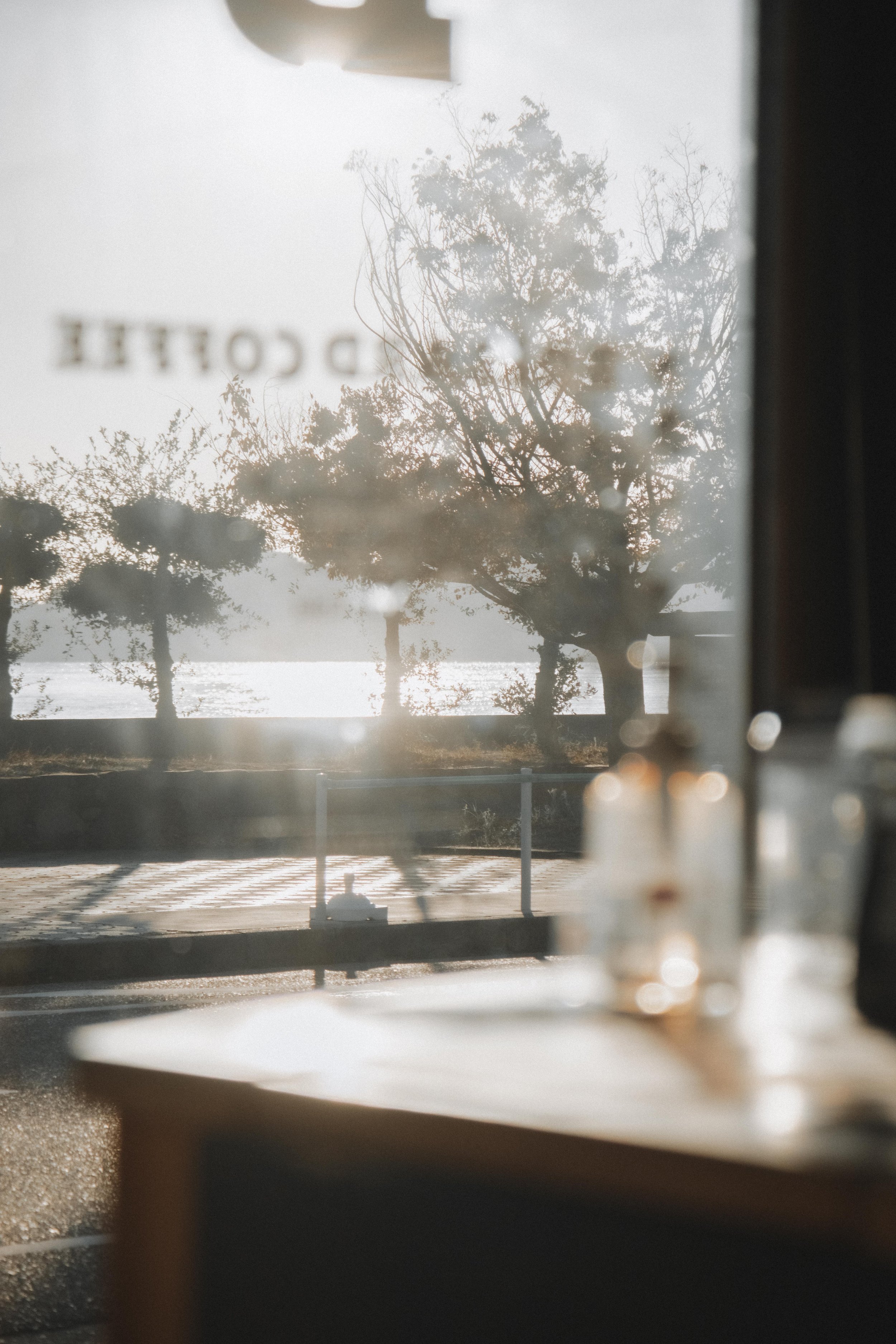 View through a window showing trees by the water, with reflections and raindrops on the glass, and blurred objects on a table inside the room.