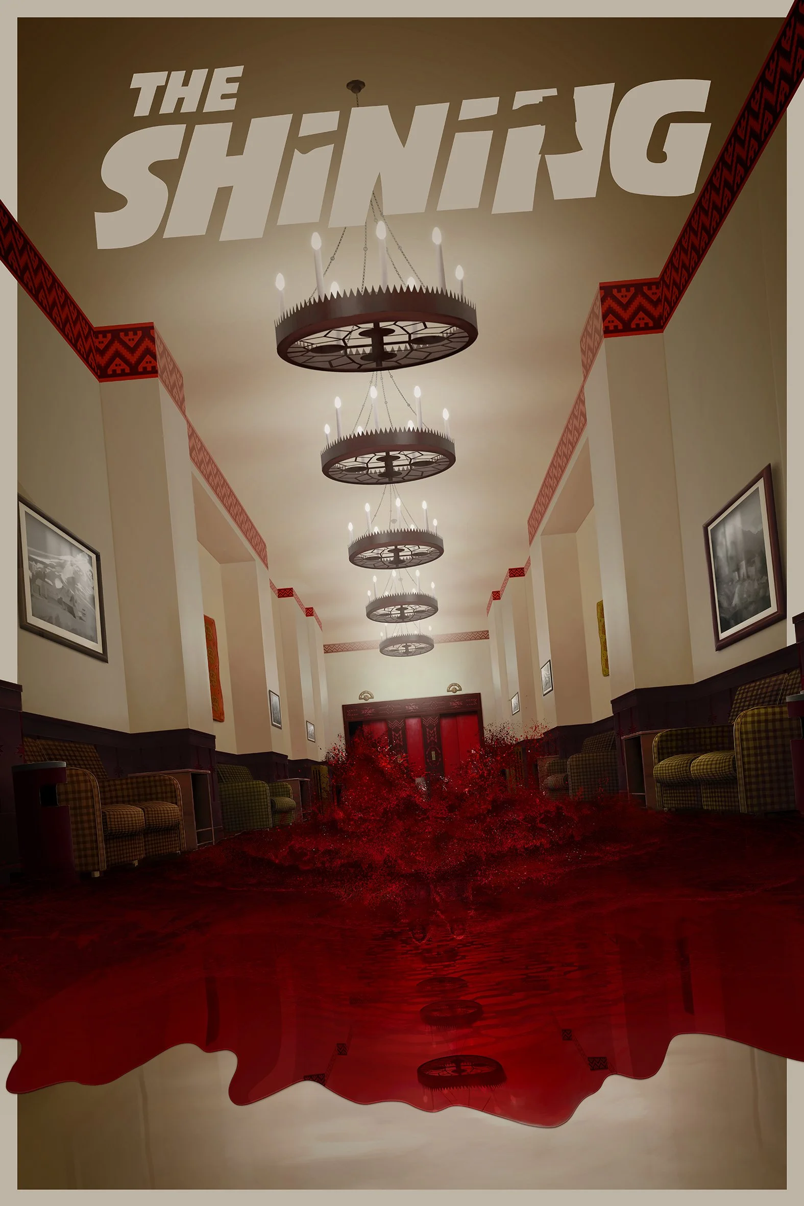 A ceiling hallway with chandeliers and framed pictures on the walls, and a red carpet resembling blood flowing onto the floor, giving a horror or creepy theme.
