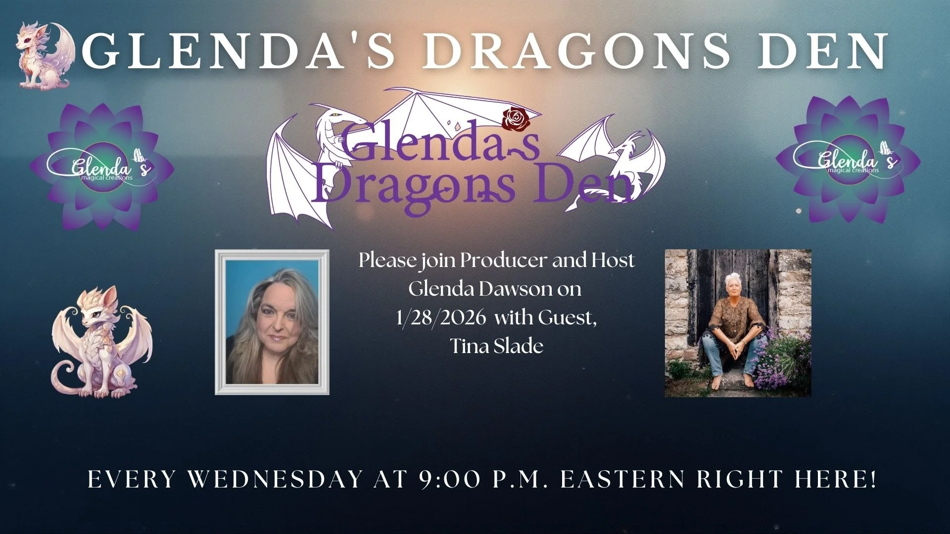 Pop a note in your diary to join my talk with Glenda. Lots of insighs and a group activation too!
Glendas Dragons Den Youtube 28th Jan x
#DragonsDen

#DragonActivation

#GroupActivation

#GlendasDragonsDen

#Lightworkers

#EnergyHealing

#DragonMagic