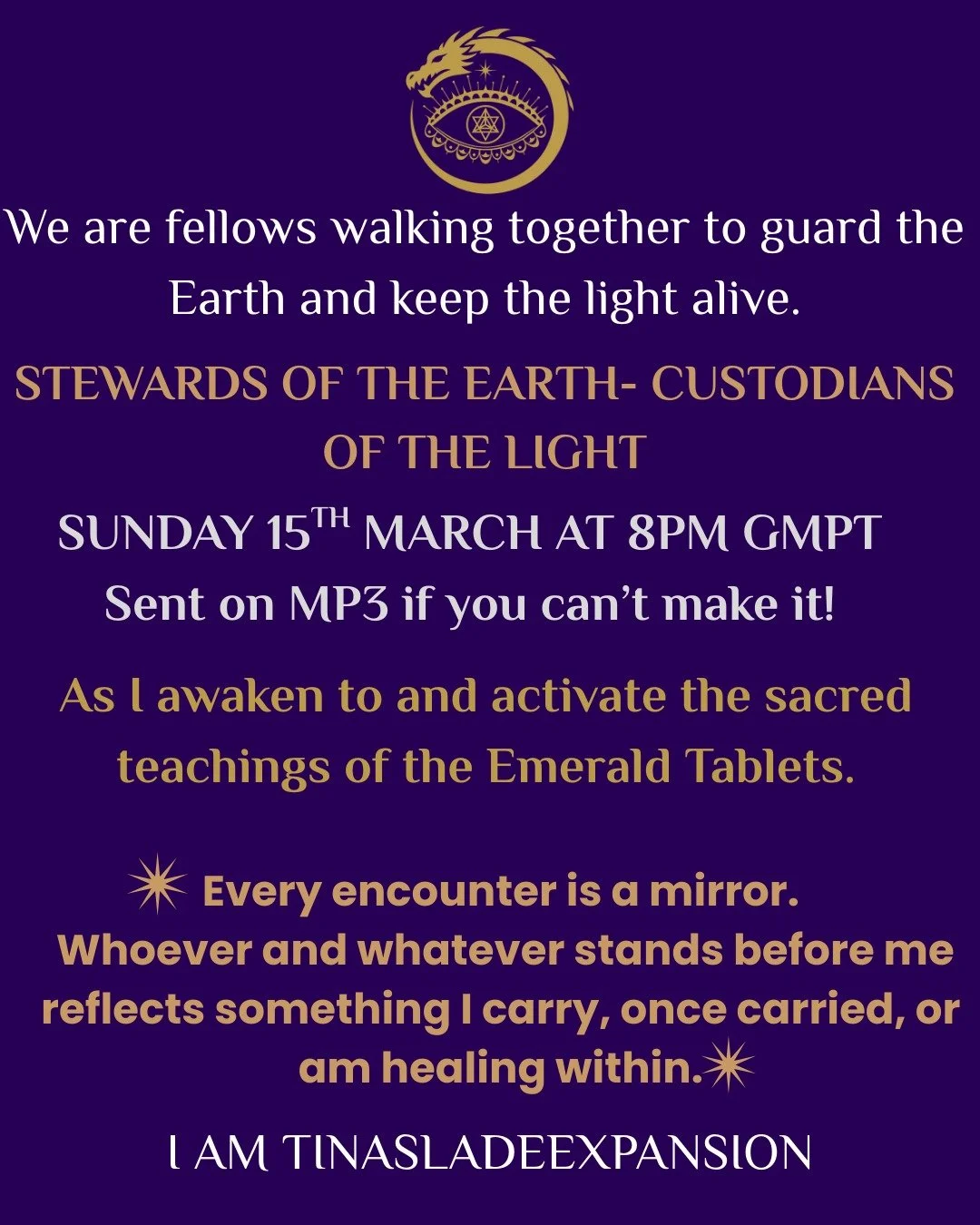 Stewards of the Earth &ndash; Custodians of the Light
Sunday 15 March 2026 | 8:00 PM GMT
You are invited to gather with your soul family as Stewards of the Earth and Custodians of the Light. Together we will dive into the Light Language and Quantum C