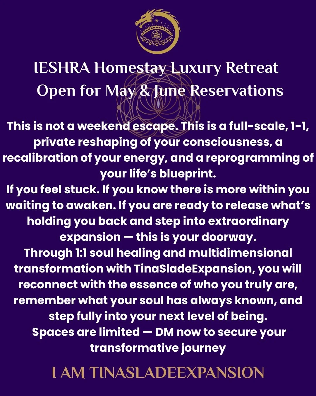 IESHRA - LUXURY HOME STAY RETREAT

2 nights and 3 days in my home, where you will be deeply cared for, nourished, and held within the quantum field as we unravel the patterns, beliefs, and energetic imprints shaping your reality.
Is this your moment 