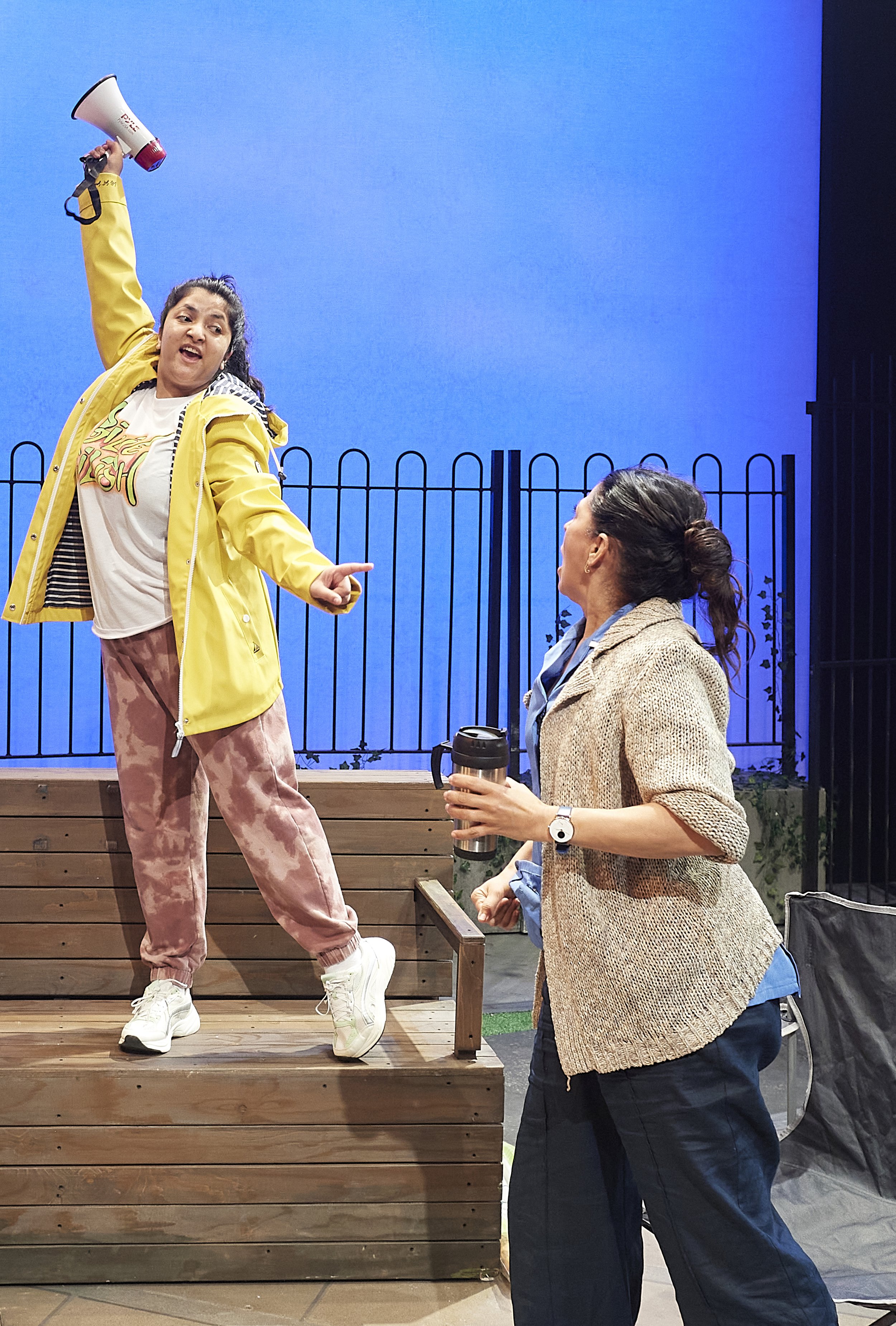 Production photo Sabrina Nabi and Natalia Campbell in Tree Shall Not Be Moved an original short comedy play by Doug Crossley. Photo by Geraint Lewis.