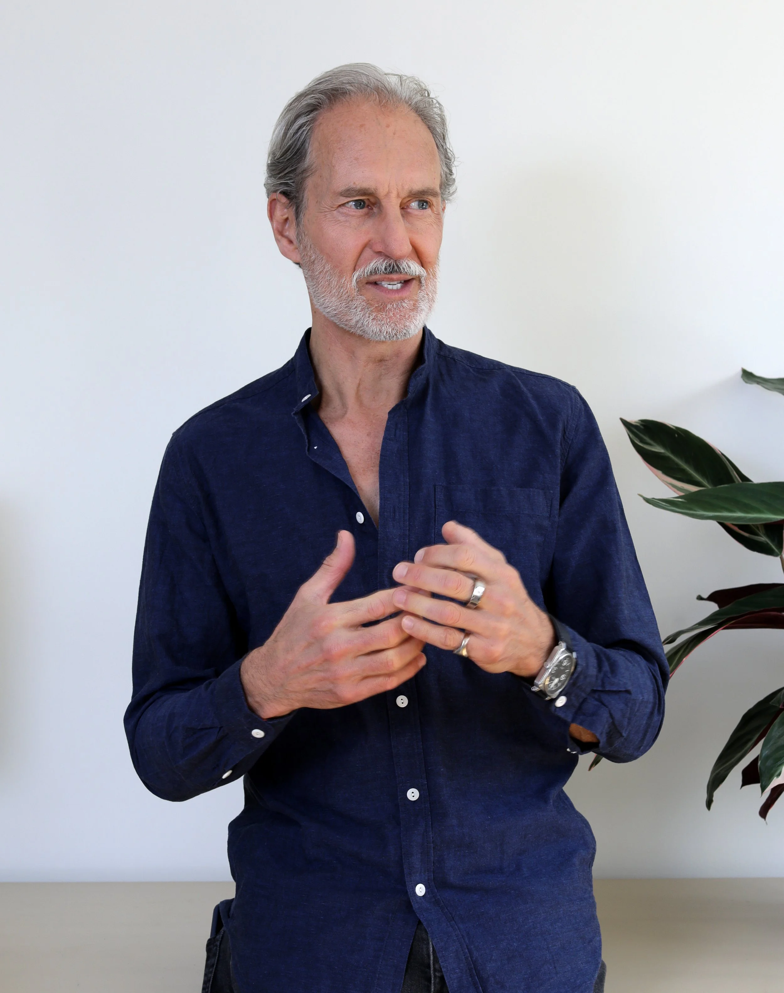 Anthony Thompson, a middle-aged man with gray hair and a beard wearing a dark blue shirt, standing indoors near a white wall and green plant, speaking or explaining something.