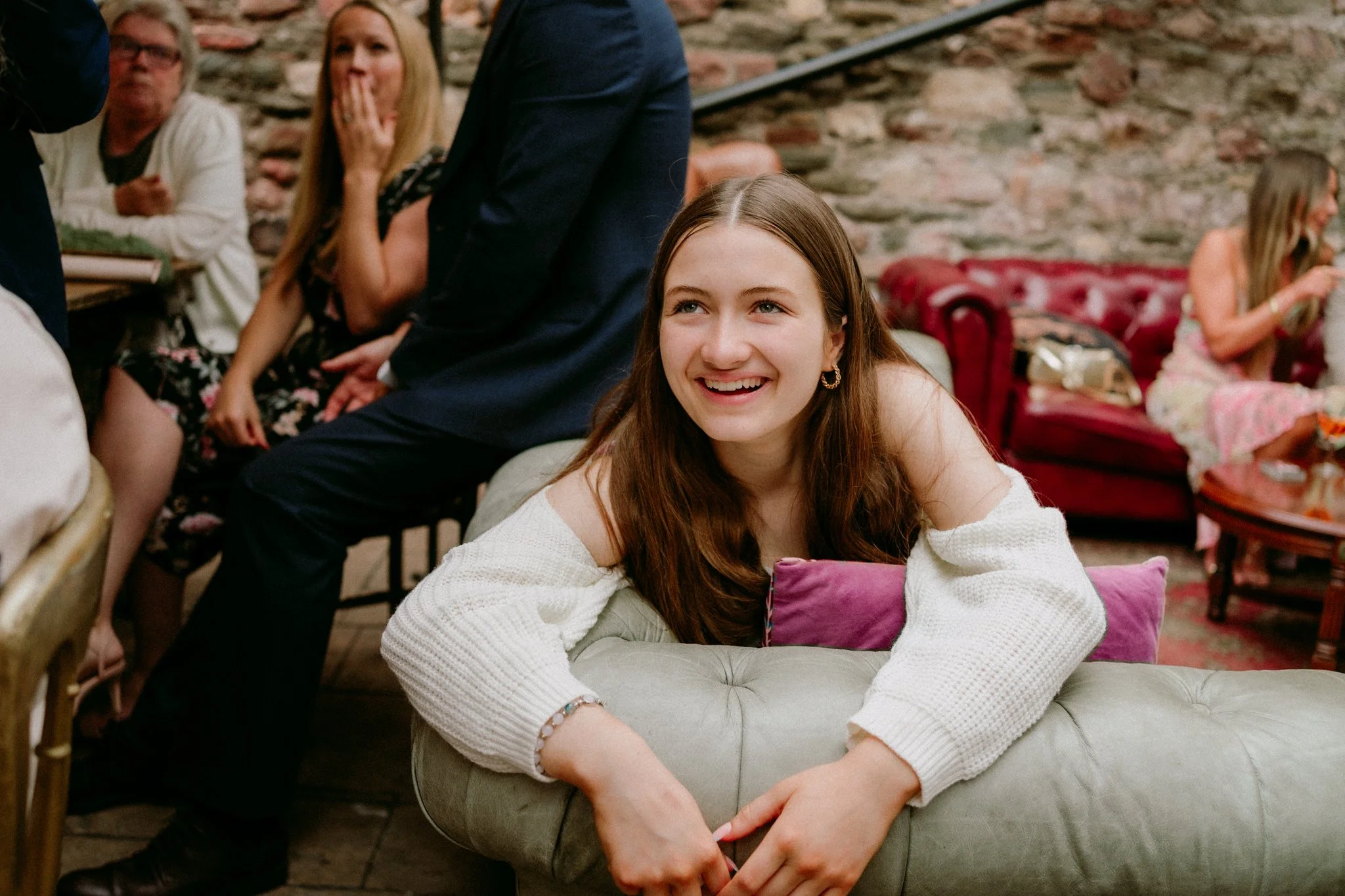 Young wedding guest laughing at the Radnor Rooms Bristol