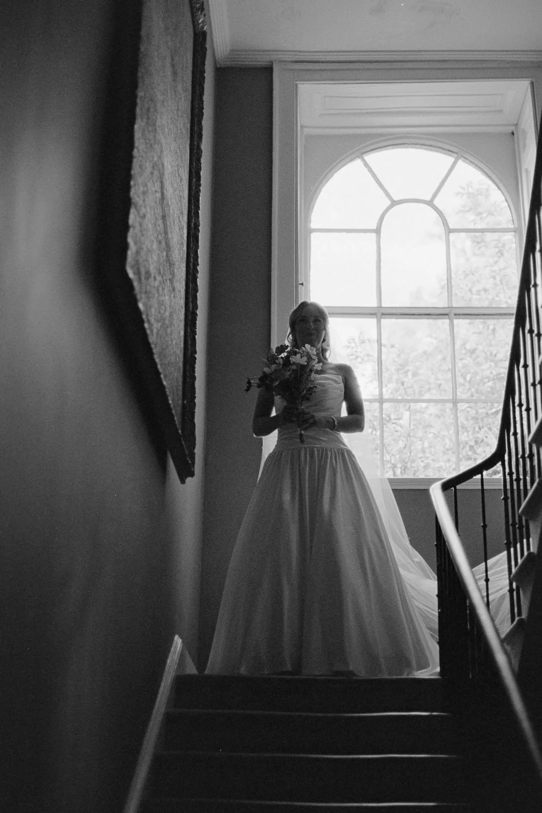 Bride descending Georgian staircase on film, Matara wedding photography