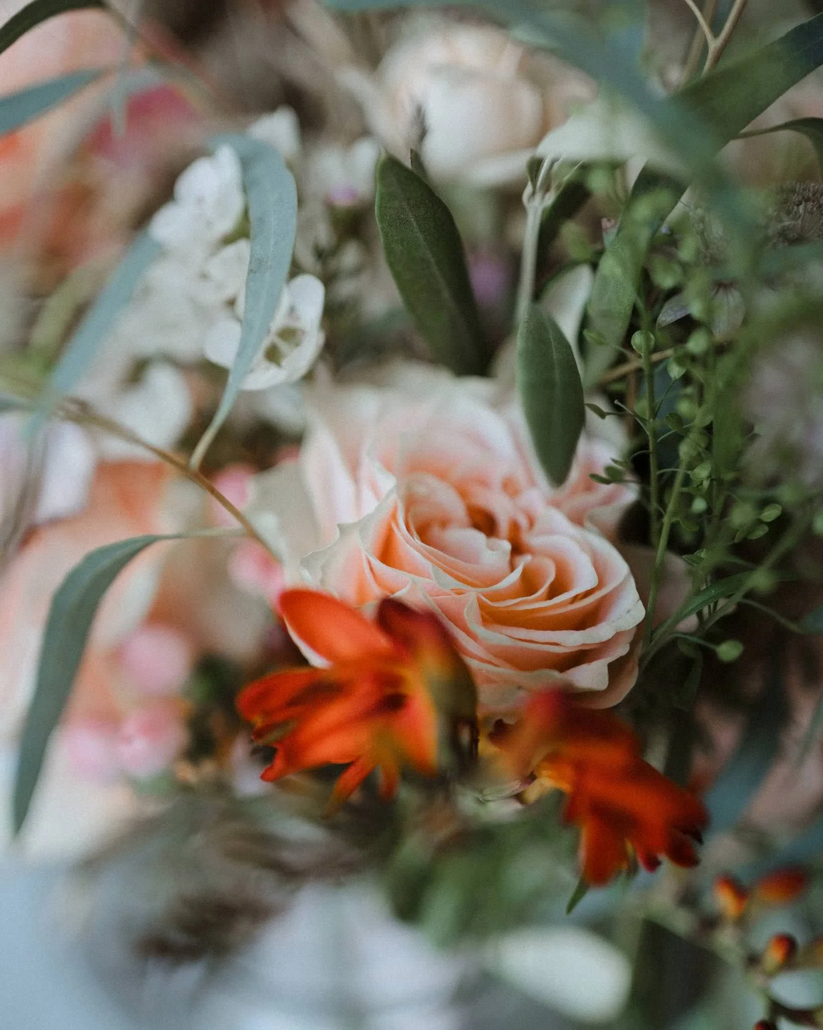 Close-up of a bouquet with a peach-colored rose, orange flowers, and green leaves.