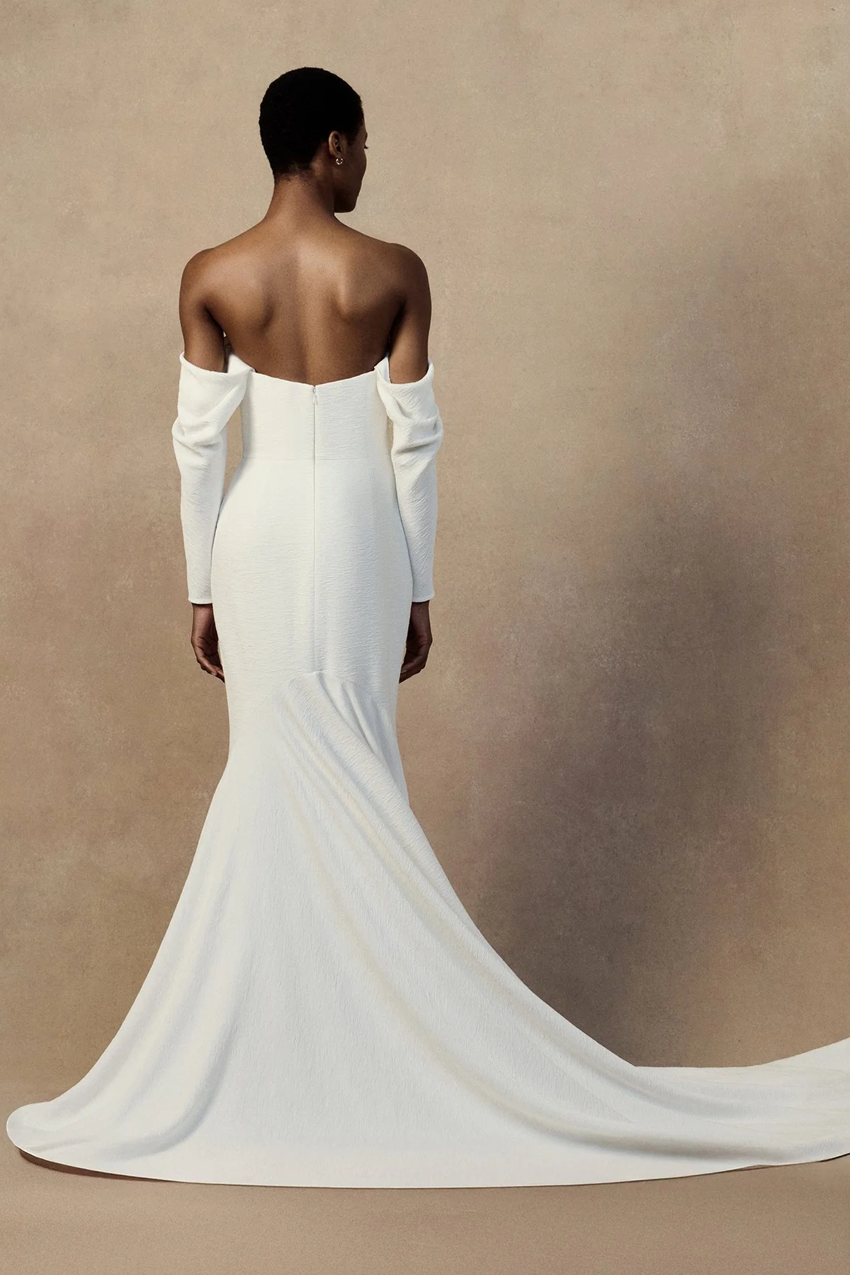 back image of white wedding gown nicole dress in plissé-textured cloqué featuring a curved upward neckline with draped long sleeves.