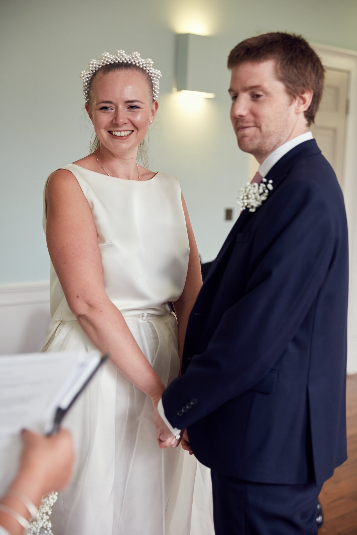 Beautiful bride Caroline wore bridal separates, trousers and an overskirt by Halfpenny London