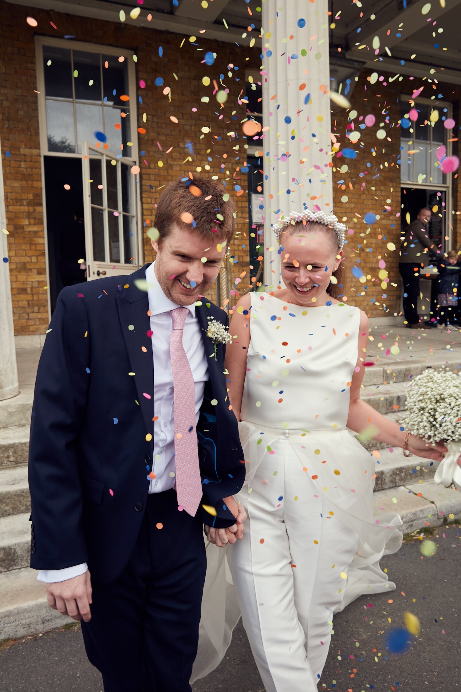 Beautiful bride Caroline wore bridal separates, trousers and an overskirt by Halfpenny London