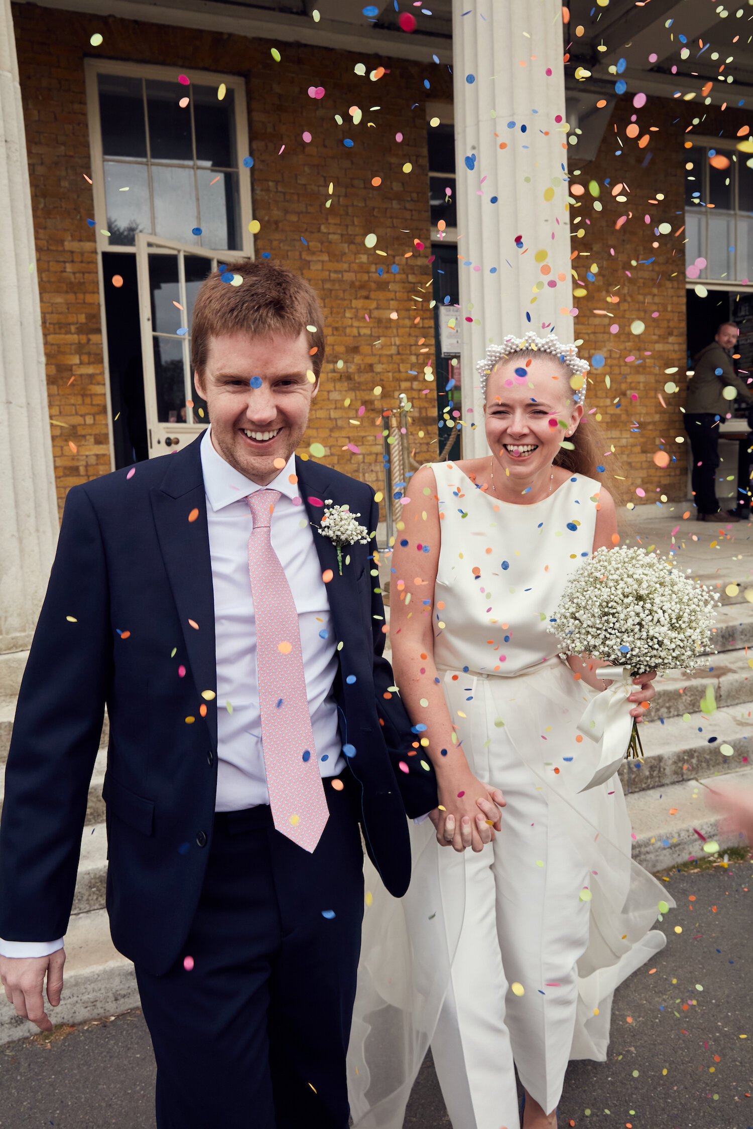 Beautiful bride Caroline wore bridal separates, trousers and an overskirt by Halfpenny London