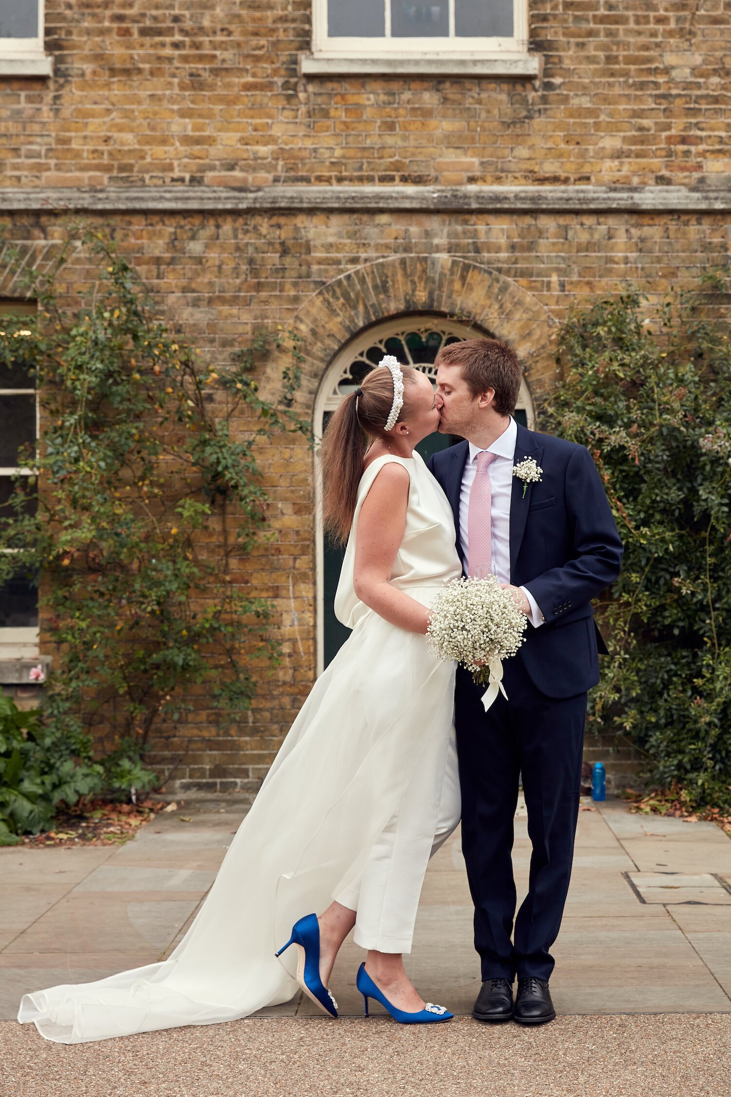 Beautiful bride Caroline wore bridal separates, trousers and an overskirt by Halfpenny London