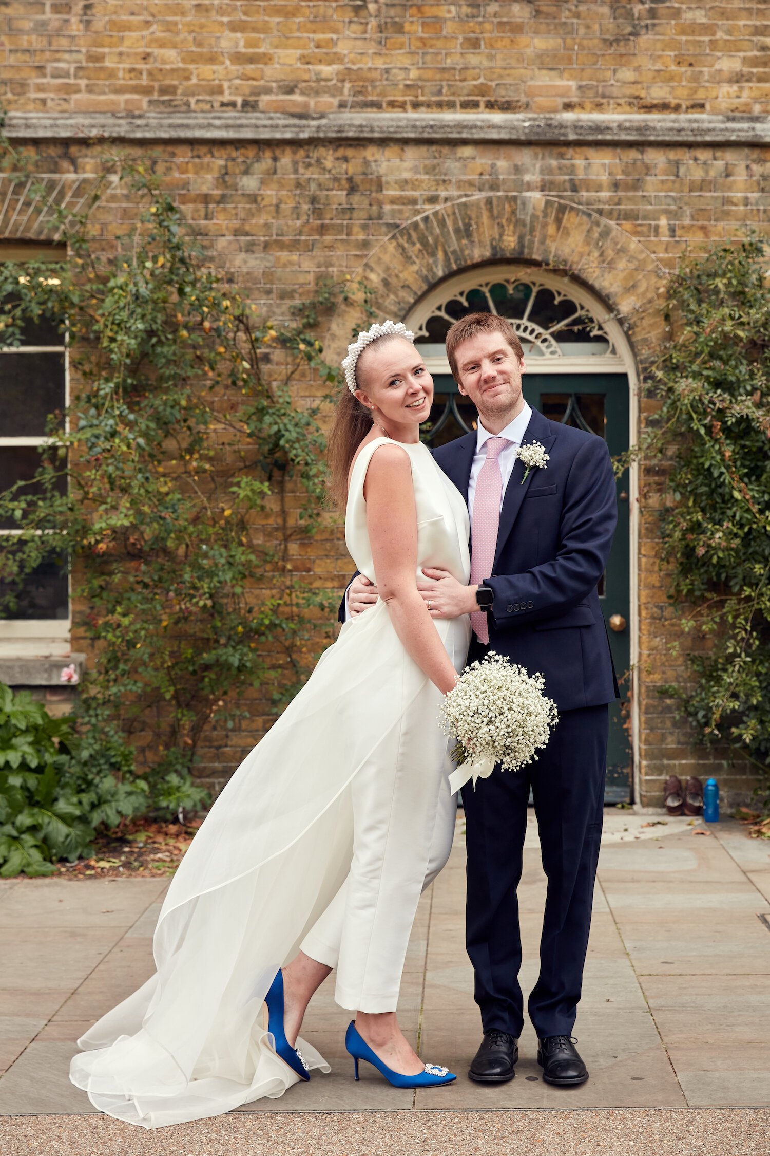 Beautiful bride Caroline wore bridal separates, trousers and an overskirt by Halfpenny London