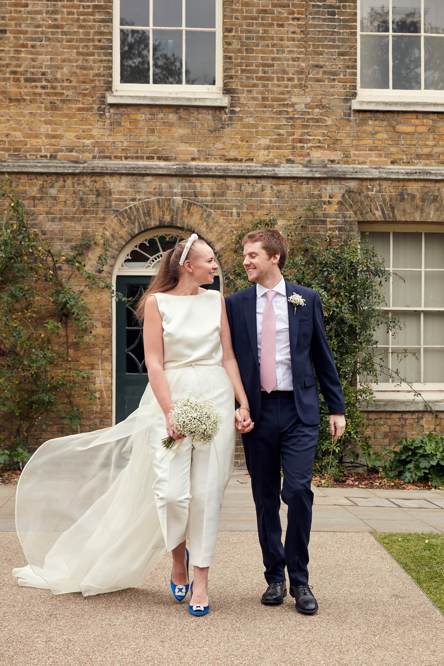 Beautiful bride Caroline wore bridal separates, trousers and an overskirt by Halfpenny London